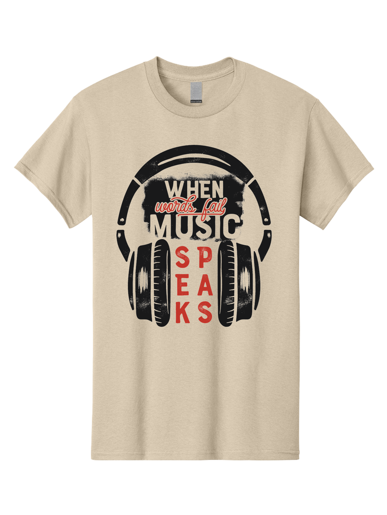 When-Words-Fail-Music-Speaks Men'S Graphic Tee, 100% Cotton, Comfortable Casual Summer Wear, Machine Washable, Inspirational Quote, Music Lover, Headphone Illustration, Motivational Phrase, Music Speaks, Words Fail, Sound Waves, Music Art Aab963 5