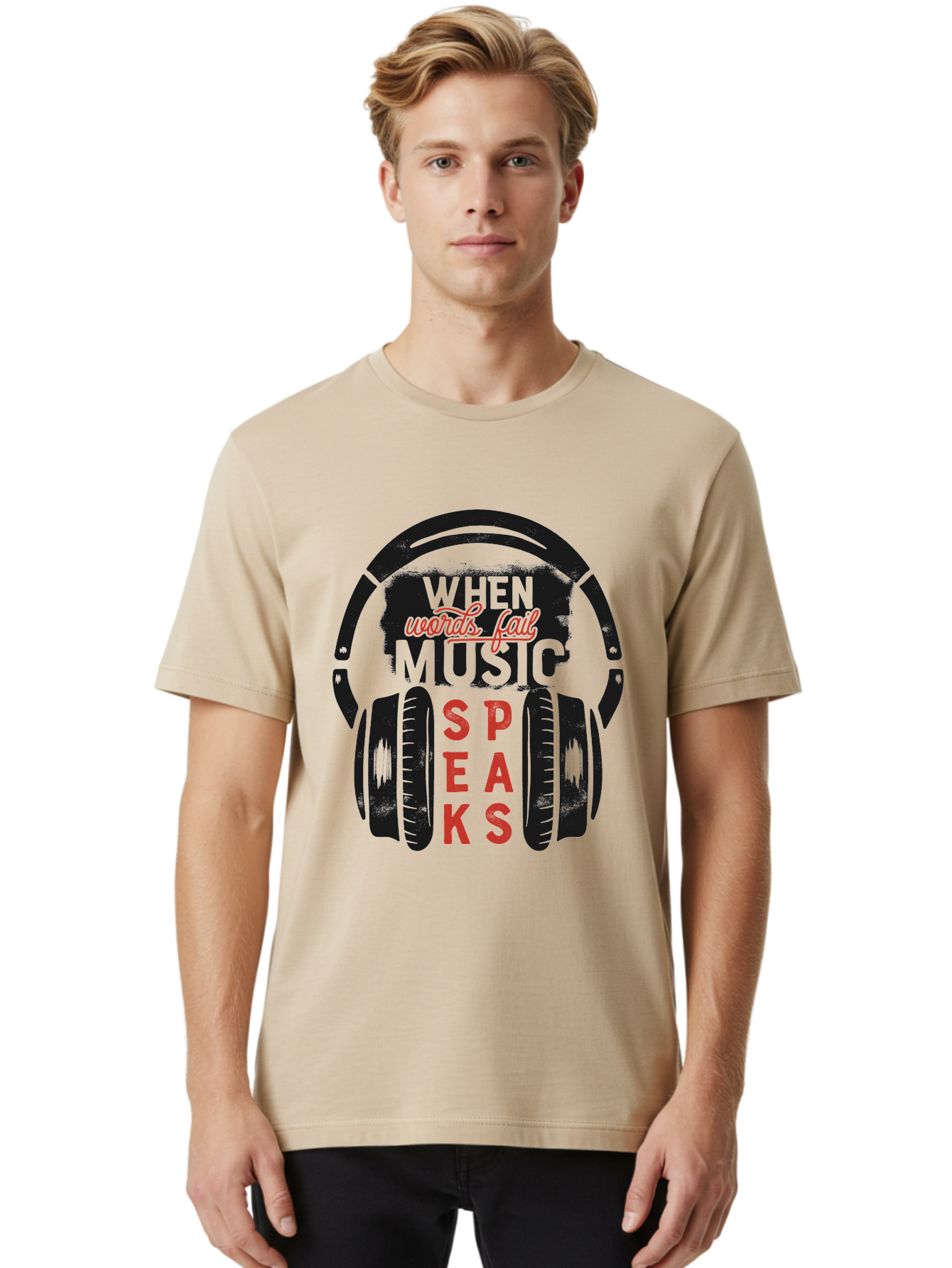 When-Words-Fail-Music-Speaks Men'S Graphic Tee, 100% Cotton, Comfortable Casual Summer Wear, Machine Washable, Inspirational Quote, Music Lover, Headphone Illustration, Motivational Phrase, Music Speaks, Words Fail, Sound Waves, Music Art Aab963 6