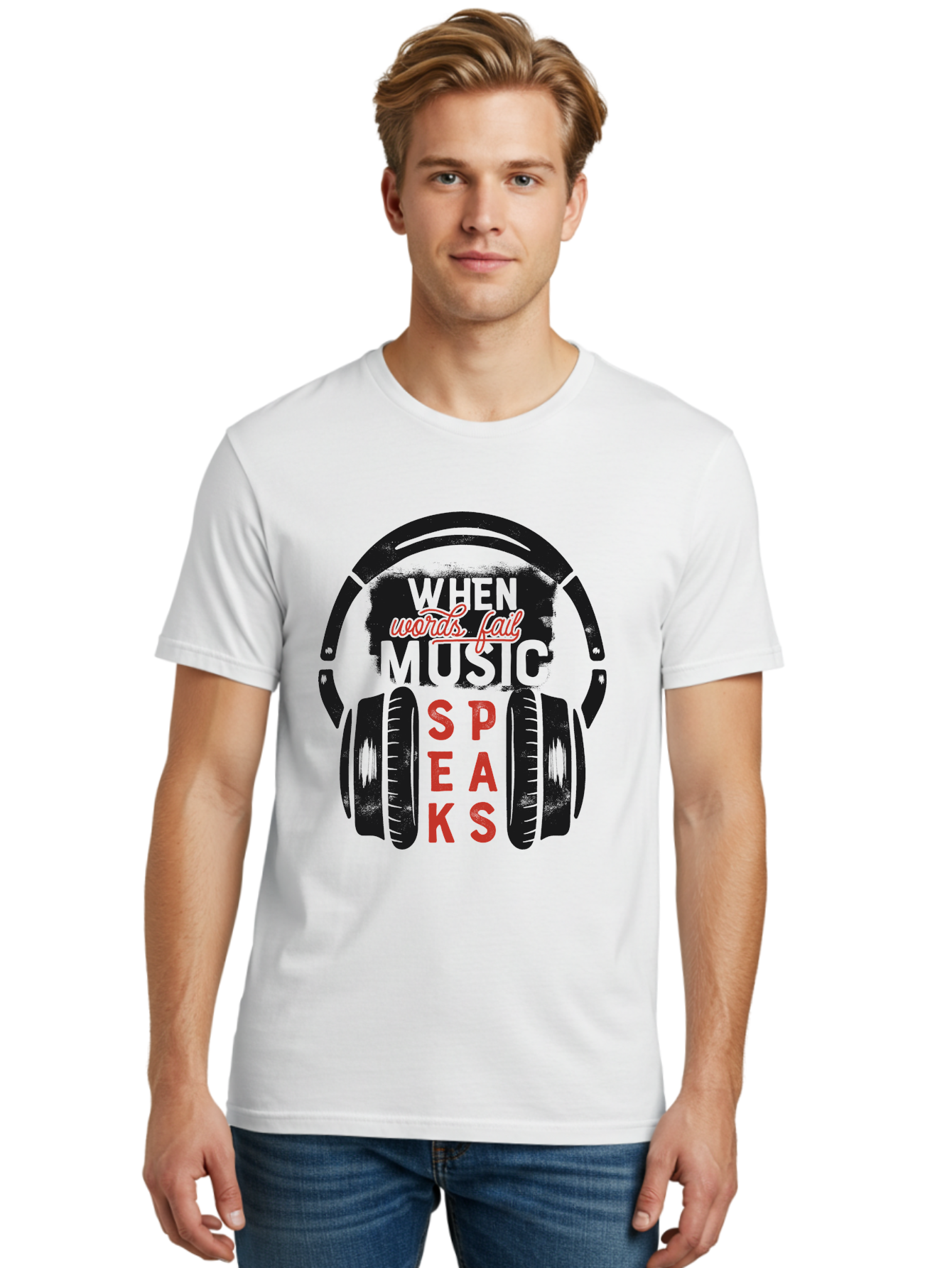 When-Words-Fail-Music-Speaks Men'S Graphic Tee, 100% Cotton, Comfortable Casual Summer Wear, Machine Washable, Inspirational Quote, Music Lover, Headphone Illustration, Motivational Phrase, Music Speaks, Words Fail, Sound Waves, Music Art Aab963 28
