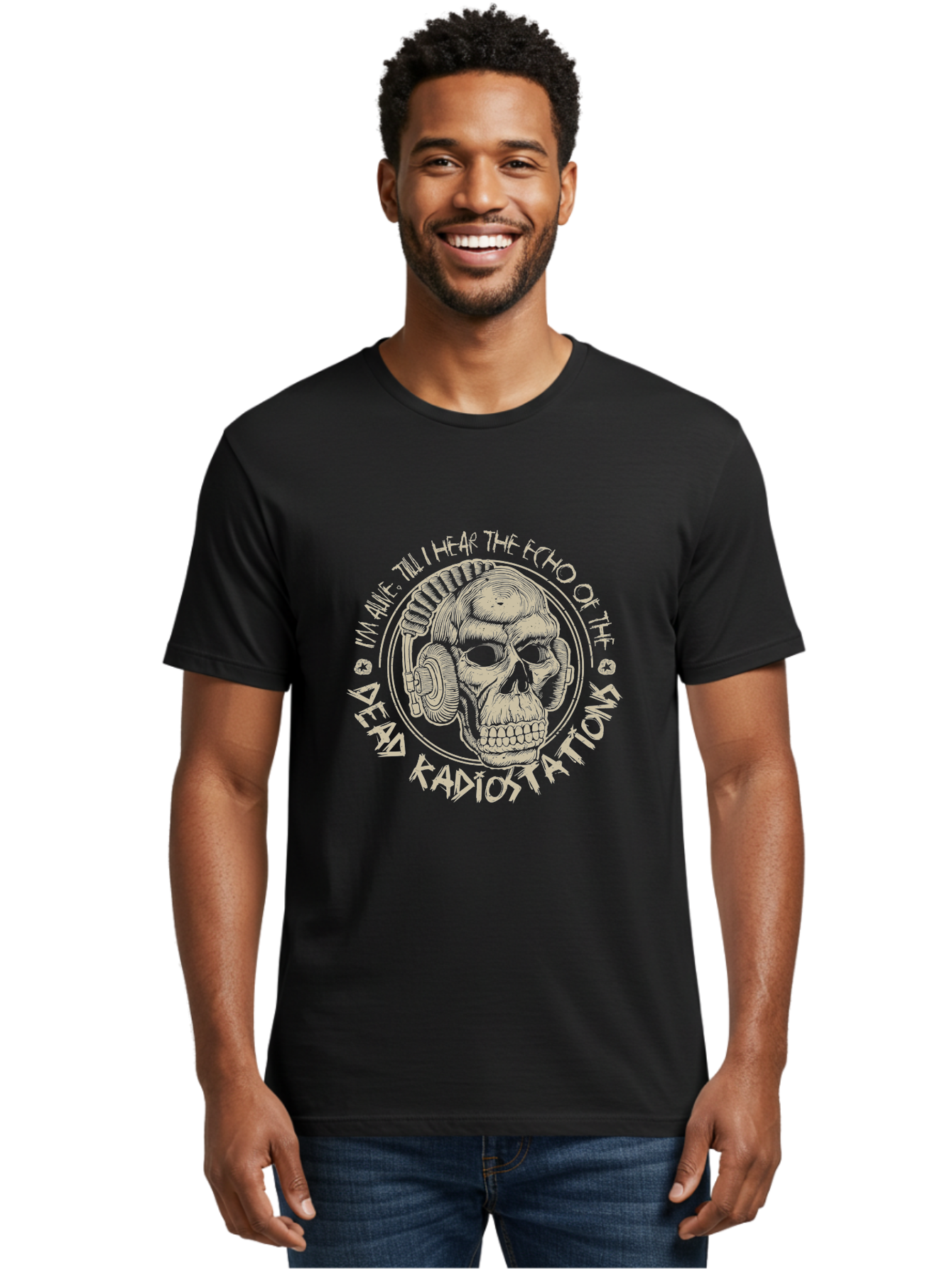 Dead-Radiostations Men'S Graphic Tee, 100% Cotton, Comfortable Casual Summer Wear, Machine Washable, Skull Wearing Headphones, Dead Radio Stations, Music Lover, Grunge Style, Monochromatic Art, Edgy Illustration, Dark Aesthetic, Aab967 26
