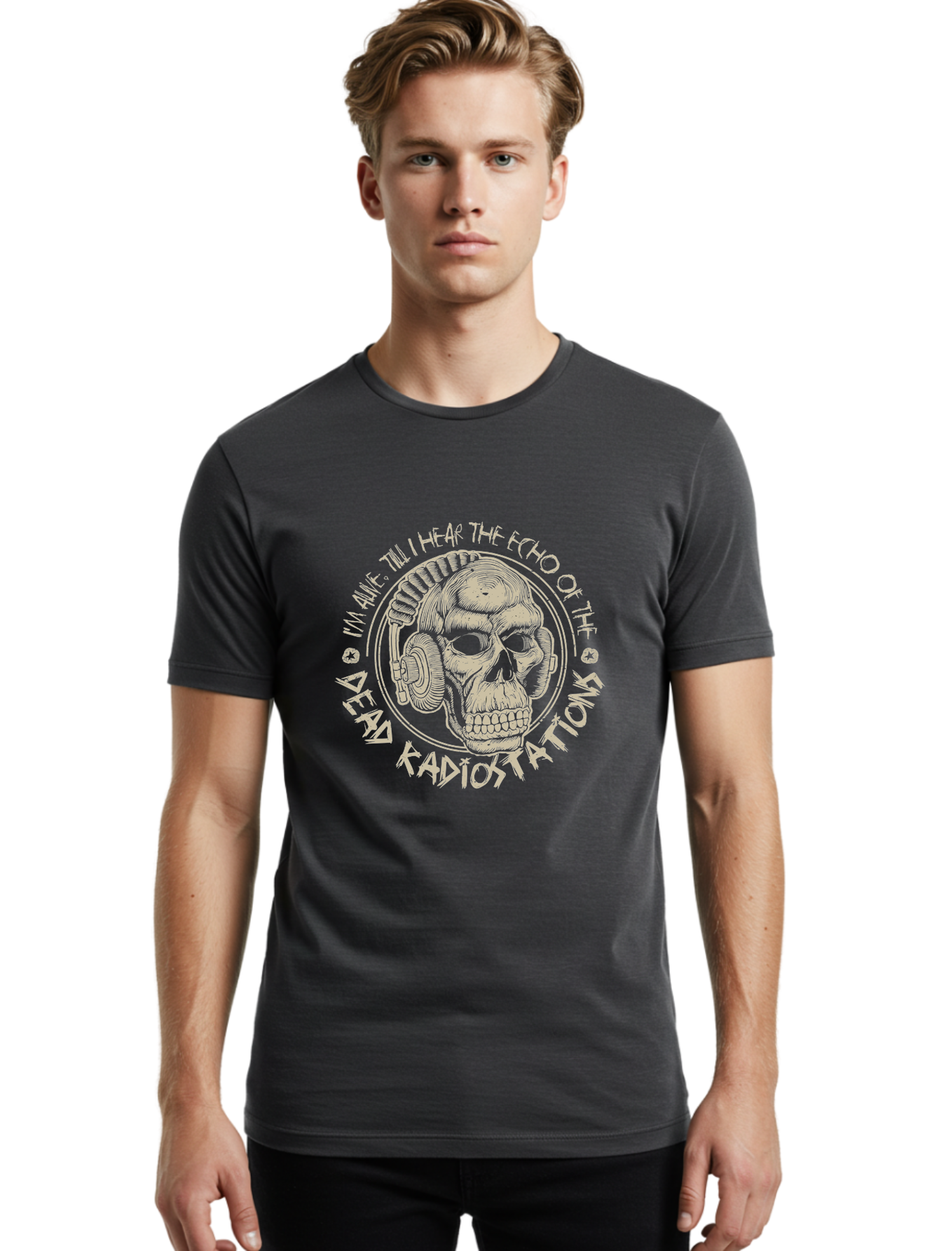 Dead-Radiostations Men'S Graphic Tee, 100% Cotton, Comfortable Casual Summer Wear, Machine Washable, Skull Wearing Headphones, Dead Radio Stations, Music Lover, Grunge Style, Monochromatic Art, Edgy Illustration, Dark Aesthetic, Aab967 6