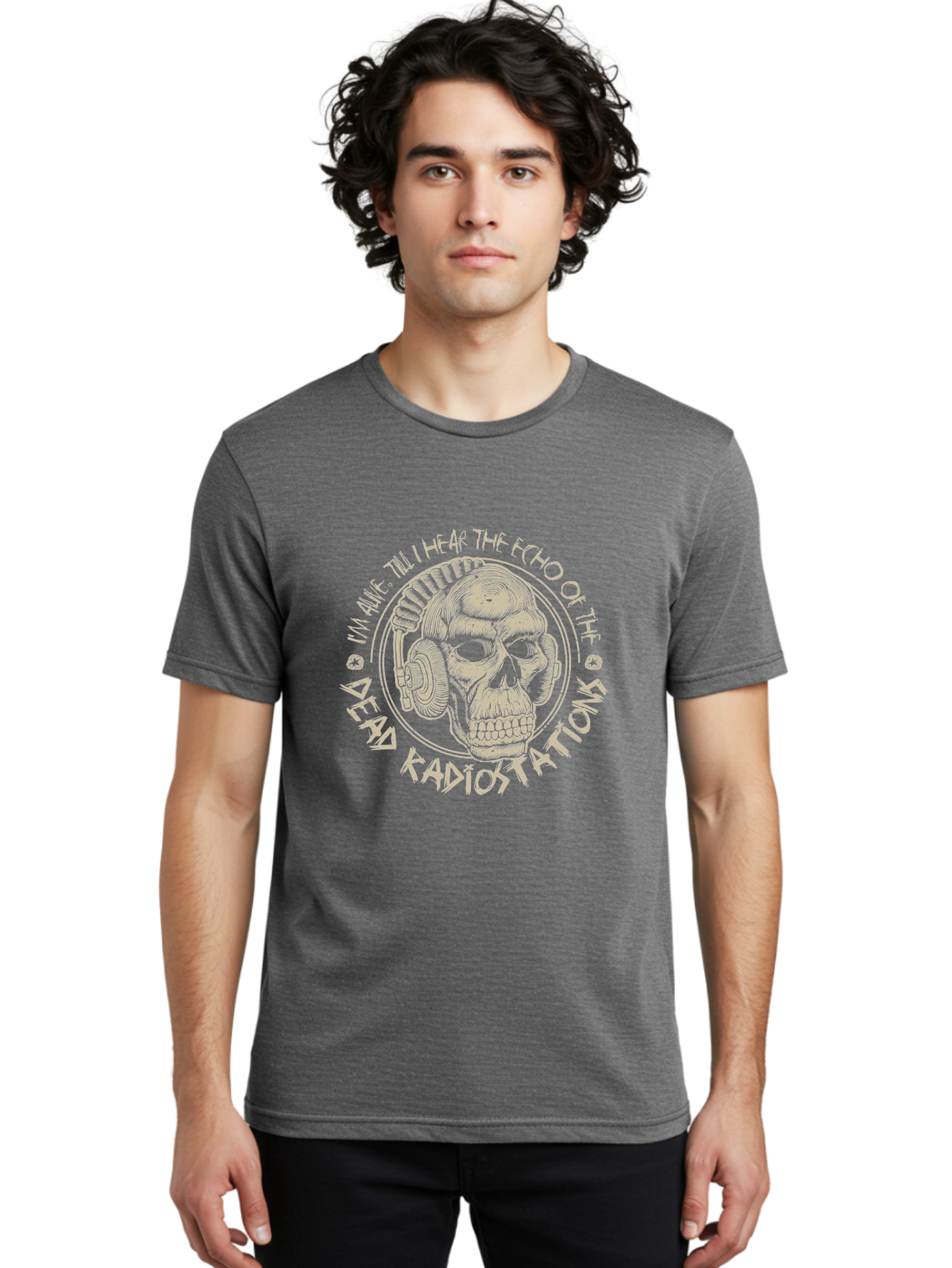 Dead-Radiostations Men'S Graphic Tee, 100% Cotton, Comfortable Casual Summer Wear, Machine Washable, Skull Wearing Headphones, Dead Radio Stations, Music Lover, Grunge Style, Monochromatic Art, Edgy Illustration, Dark Aesthetic, Aab967 16
