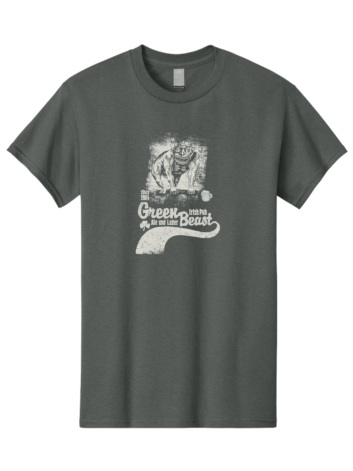Green-Beast-Irish-Pub Men'S Graphic Tee, 100% Cotton, Comfortable Casual Summer Wear, Machine Washable, Irish Pub, Monster Drawing, Ale And Lager, Beer Mug, Since 1984, Four-Leaf Clover, Bar Signage, Pub Decor, Irish Heritage Aab969 1