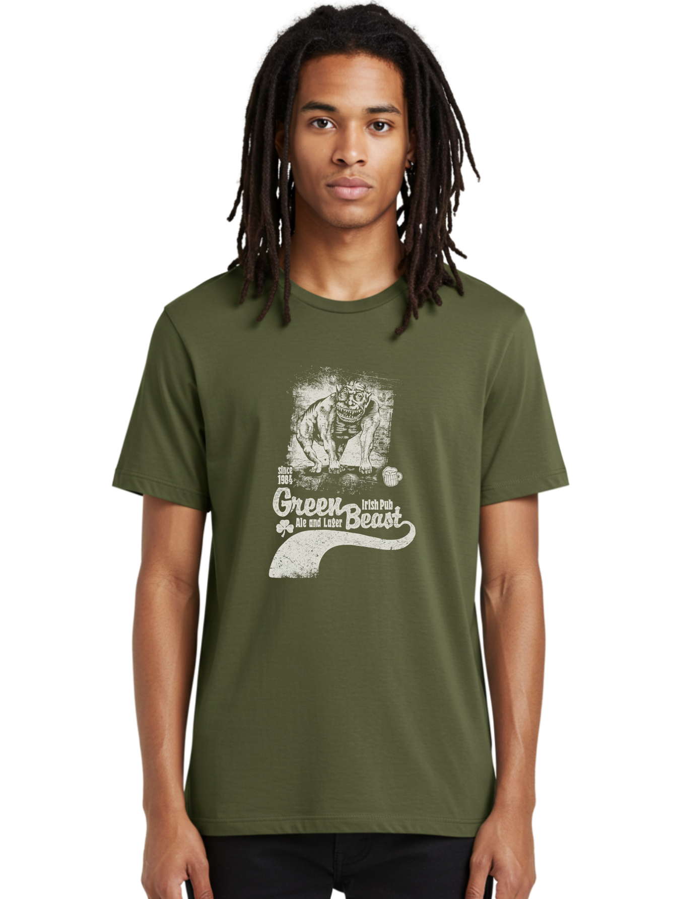 Green-Beast-Irish-Pub Men'S Graphic Tee, 100% Cotton, Comfortable Casual Summer Wear, Machine Washable, Irish Pub, Monster Drawing, Ale And Lager, Beer Mug, Since 1984, Four-Leaf Clover, Bar Signage, Pub Decor, Irish Heritage Aab969 24