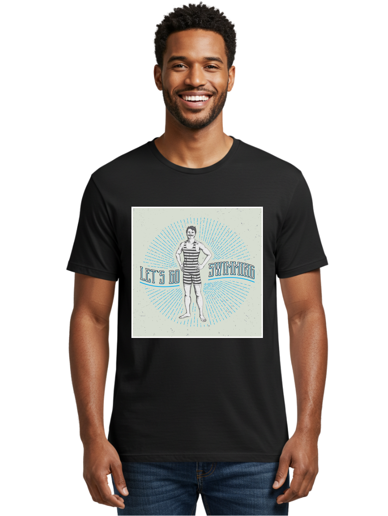Let-S-Go-Swimming Men'S Graphic Tee, 100% Cotton, Comfortable Casual Summer Wear, Machine Washable, Vintage Swimmer, Retro Style, Black And White Stripes, Swimming Costume, Aquatic Activities, Water Sports, Nostalgic Design, Classic Swimwear, Aab973 26