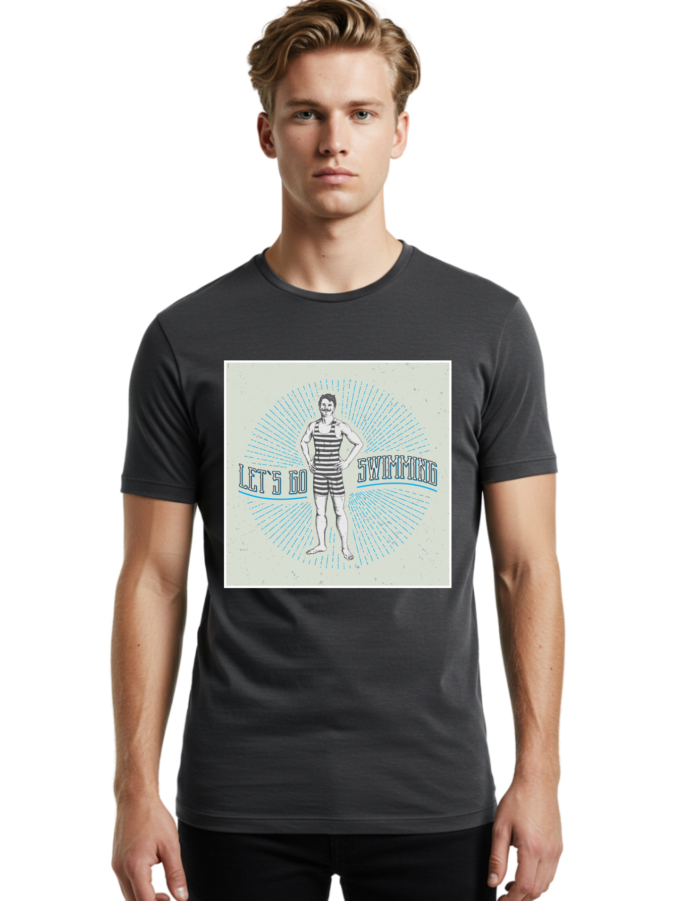 Let-S-Go-Swimming Men'S Graphic Tee, 100% Cotton, Comfortable Casual Summer Wear, Machine Washable, Vintage Swimmer, Retro Style, Black And White Stripes, Swimming Costume, Aquatic Activities, Water Sports, Nostalgic Design, Classic Swimwear, Aab973 6