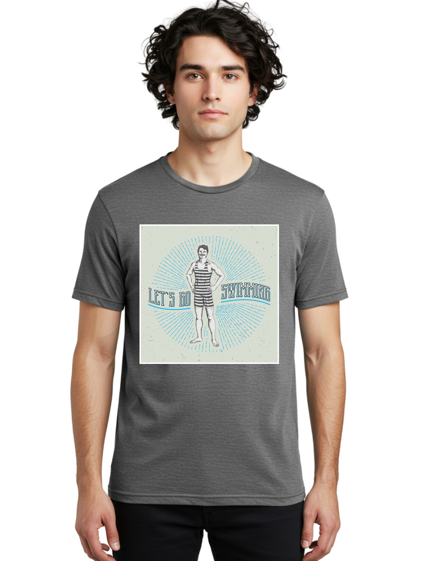 Let-S-Go-Swimming Men'S Graphic Tee, 100% Cotton, Comfortable Casual Summer Wear, Machine Washable, Vintage Swimmer, Retro Style, Black And White Stripes, Swimming Costume, Aquatic Activities, Water Sports, Nostalgic Design, Classic Swimwear, Aab973 2