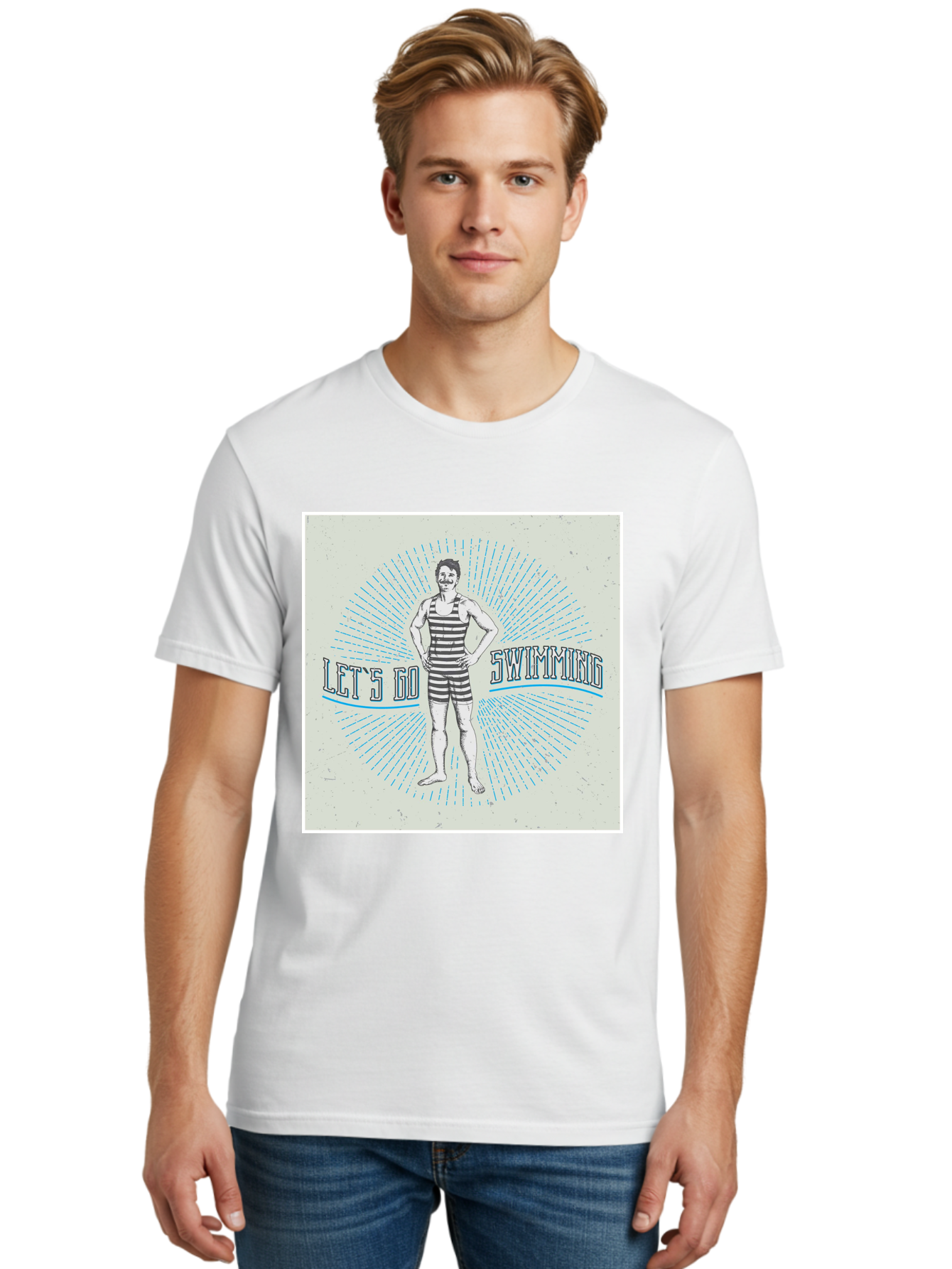 Let-S-Go-Swimming Men'S Graphic Tee, 100% Cotton, Comfortable Casual Summer Wear, Machine Washable, Vintage Swimmer, Retro Style, Black And White Stripes, Swimming Costume, Aquatic Activities, Water Sports, Nostalgic Design, Classic Swimwear, Aab973 12