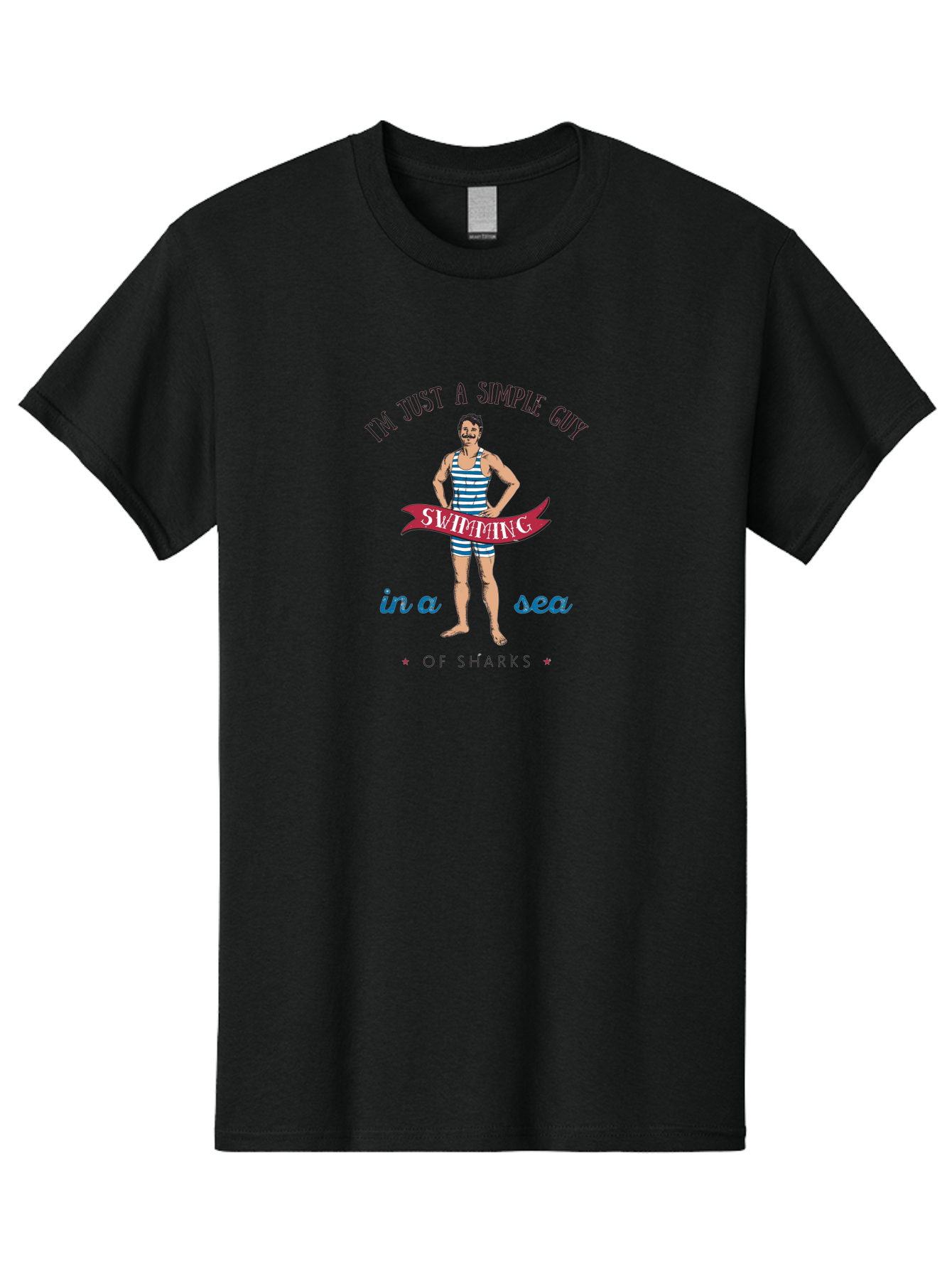 Simple-Guy-Swimming-1 Men'S Graphic Tee, 100% Cotton, Comfortable Casual Summer Wear, Machine Washable, Funny Cartoon, Vintage Swimmer, Blue Striped Swimsuit, Humorous Quote, Shark Humor, Retro Style, Ocean Joke, Witty Phrase, Swimmers, Aab974 17
