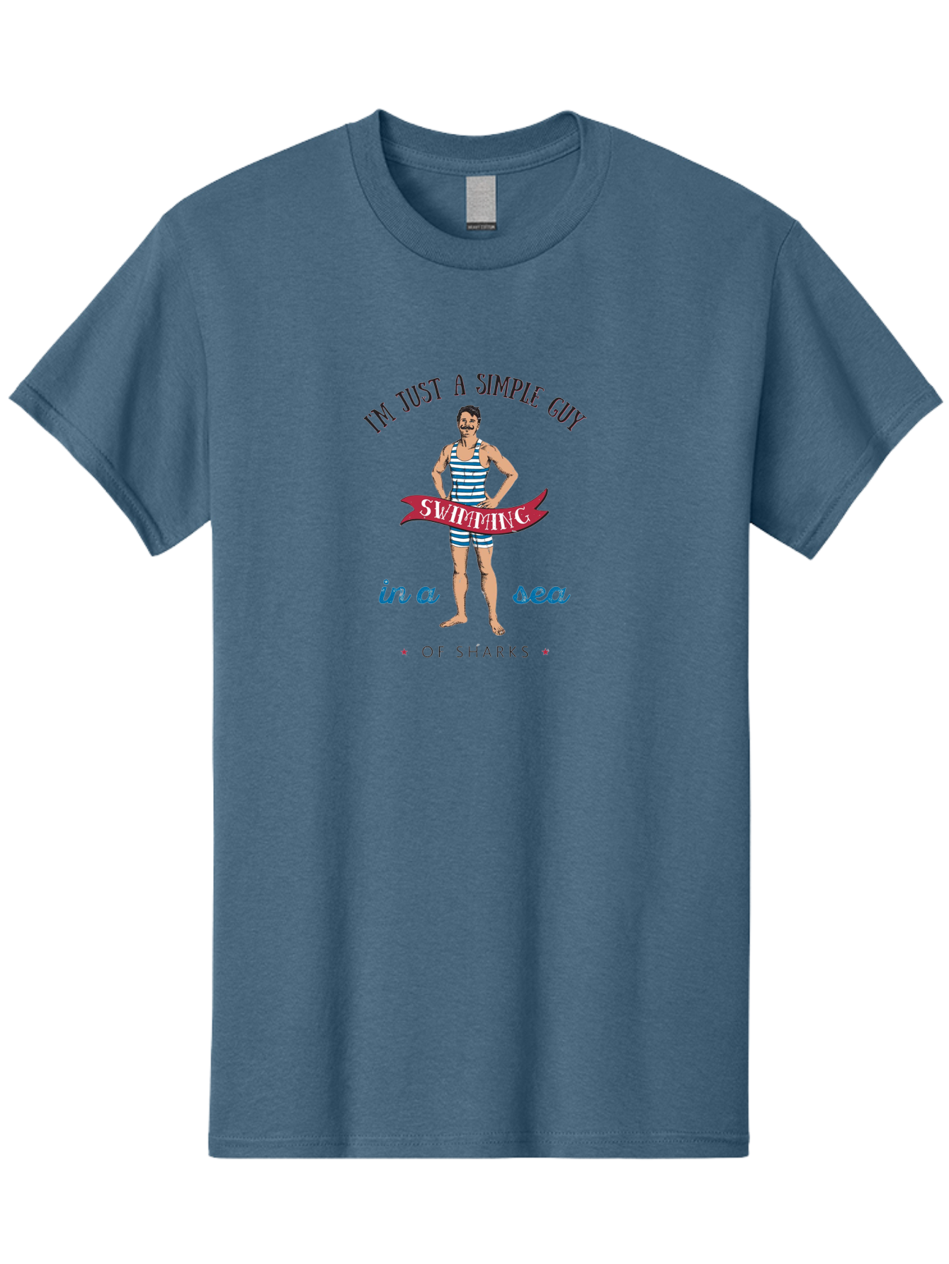 Simple-Guy-Swimming-1 Men'S Graphic Tee, 100% Cotton, Comfortable Casual Summer Wear, Machine Washable, Funny Cartoon, Vintage Swimmer, Blue Striped Swimsuit, Humorous Quote, Shark Humor, Retro Style, Ocean Joke, Witty Phrase, Swimmers, Aab974 1