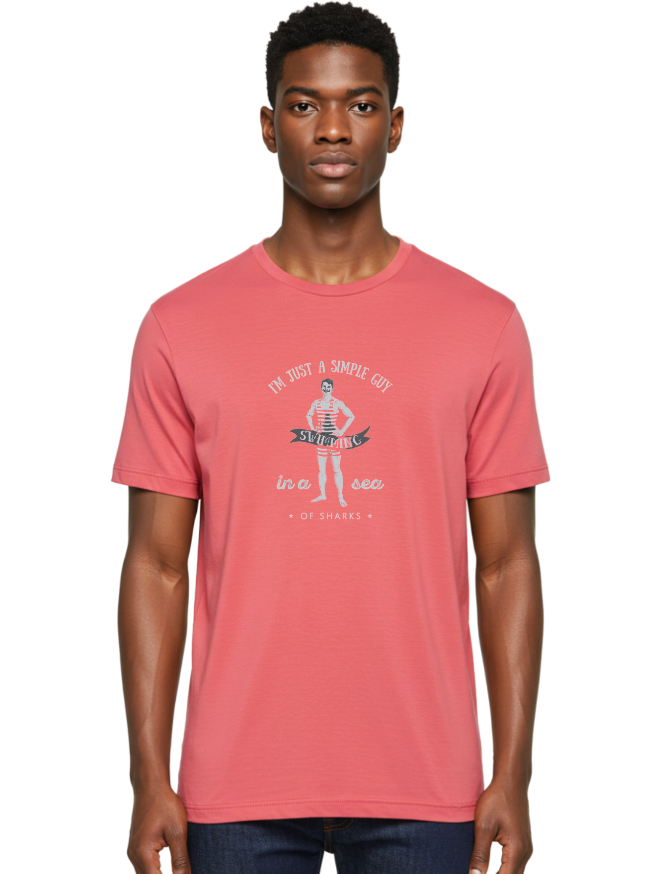 Simple-Guy-Swimming-2 Men'S Graphic Tee, 100% Cotton, Comfortable Casual Summer Wear, Machine Washable, Vintage Man, Striped Swimsuit, Confident Pose, Shark Warning, Ocean Danger, Retro Illustration, Humorous Quote, Fearless Attitude, Aab975 4