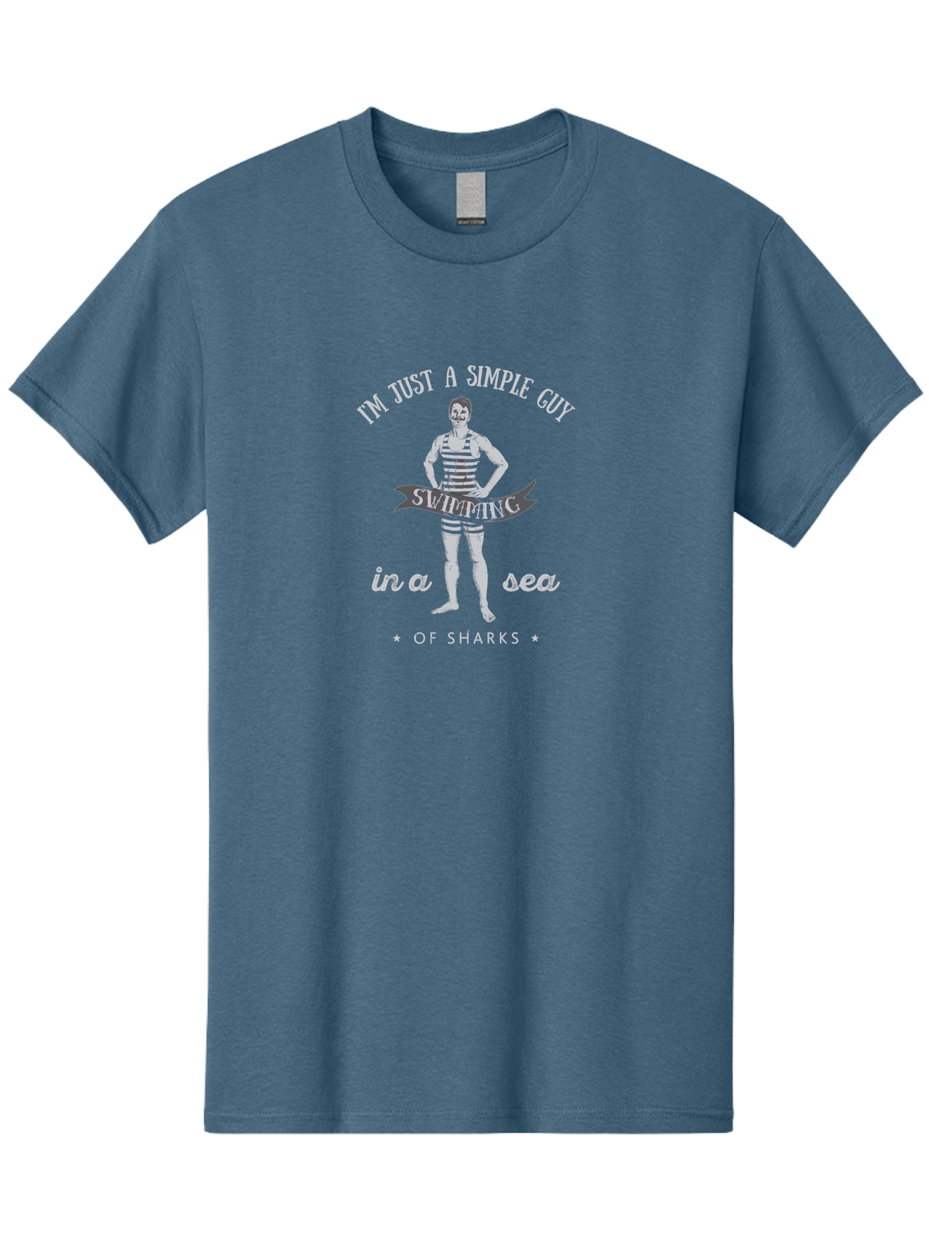 Simple-Guy-Swimming-2 Men'S Graphic Tee, 100% Cotton, Comfortable Casual Summer Wear, Machine Washable, Vintage Man, Striped Swimsuit, Confident Pose, Shark Warning, Ocean Danger, Retro Illustration, Humorous Quote, Fearless Attitude, Aab975 9