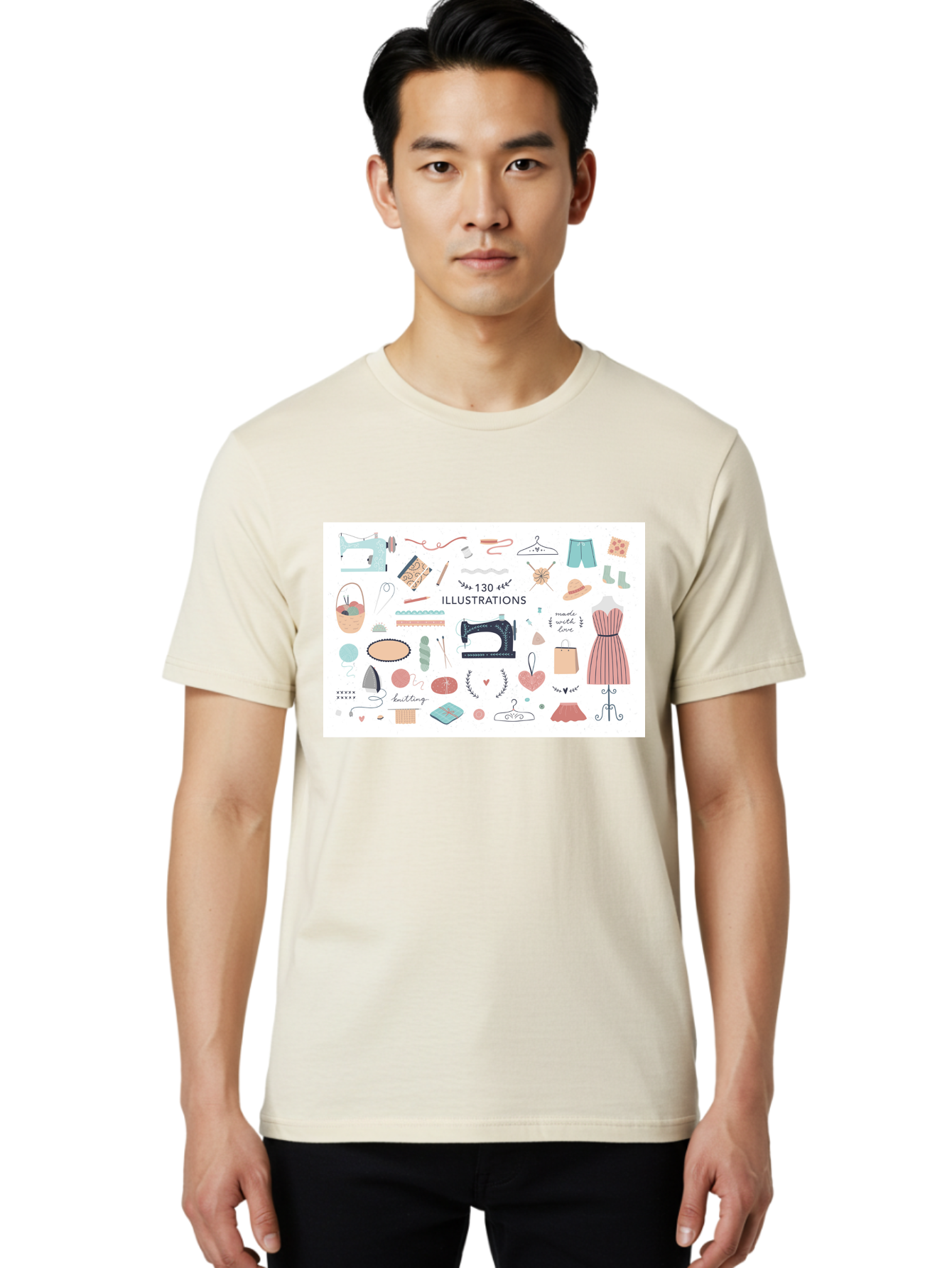 130-Illustrations Men'S Graphic Tee, 100% Cotton, Comfortable Casual Summer Wear, Machine Washable, Sewing Machine, Knitting Needles, Thread, Scissors, Clothes Hangers, Fashion Accessories, Diy Crafts, Handmade Clothing, 130 Illustrations, Aab997 30