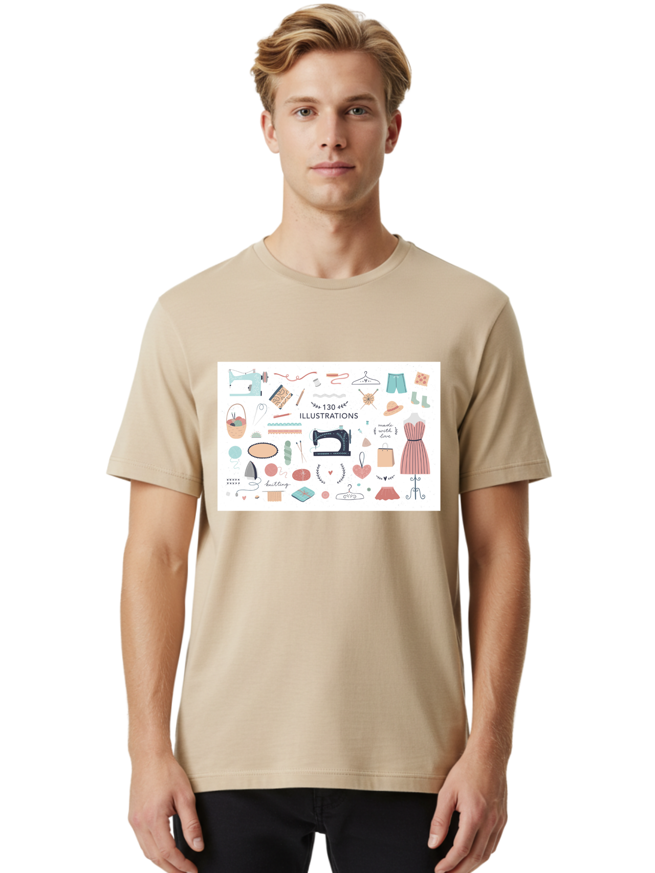 130-Illustrations Men'S Graphic Tee, 100% Cotton, Comfortable Casual Summer Wear, Machine Washable, Sewing Machine, Knitting Needles, Thread, Scissors, Clothes Hangers, Fashion Accessories, Diy Crafts, Handmade Clothing, 130 Illustrations, Aab997 24