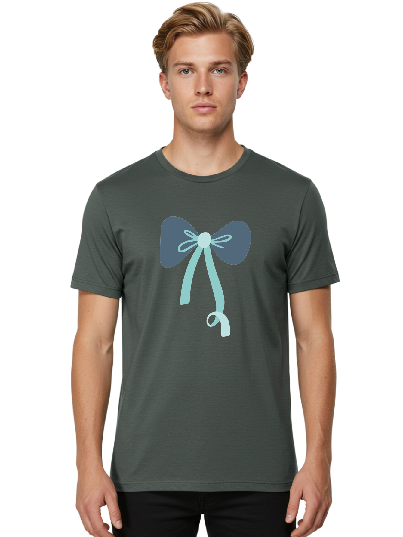 Bow-Ribbon Men'S Graphic Tee, 100% Cotton, Comfortable Casual Summer Wear, Machine Washable, Grey Bow, Blue Ribbon, Decorative Bow, Elegant Design, Stylish Accessory, Fashion Embellishment, Gift Wrapping, Party Decoration Aac004 14