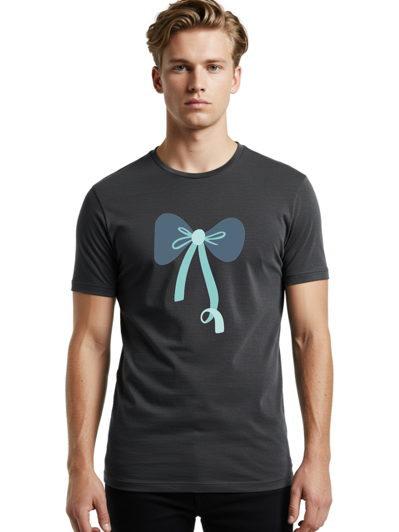 Bow-Ribbon Men'S Graphic Tee, 100% Cotton, Comfortable Casual Summer Wear, Machine Washable, Grey Bow, Blue Ribbon, Decorative Bow, Elegant Design, Stylish Accessory, Fashion Embellishment, Gift Wrapping, Party Decoration Aac004 12