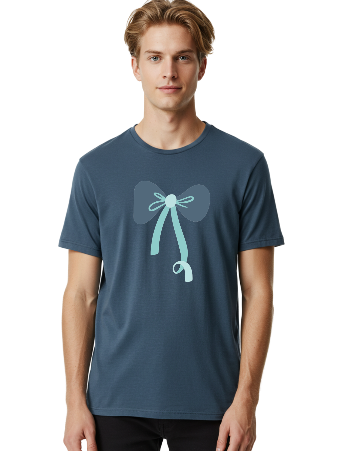 Bow-Ribbon Men'S Graphic Tee, 100% Cotton, Comfortable Casual Summer Wear, Machine Washable, Grey Bow, Blue Ribbon, Decorative Bow, Elegant Design, Stylish Accessory, Fashion Embellishment, Gift Wrapping, Party Decoration Aac004 16