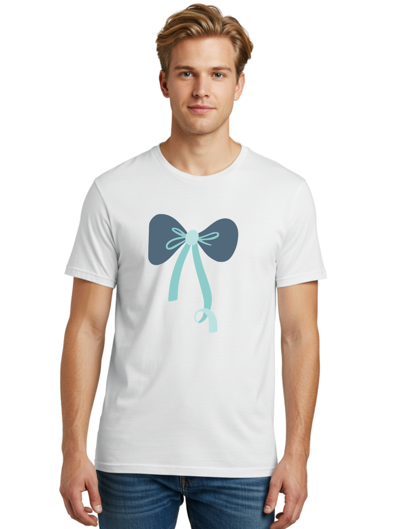 Bow-Ribbon Men'S Graphic Tee, 100% Cotton, Comfortable Casual Summer Wear, Machine Washable, Grey Bow, Blue Ribbon, Decorative Bow, Elegant Design, Stylish Accessory, Fashion Embellishment, Gift Wrapping, Party Decoration Aac004 26