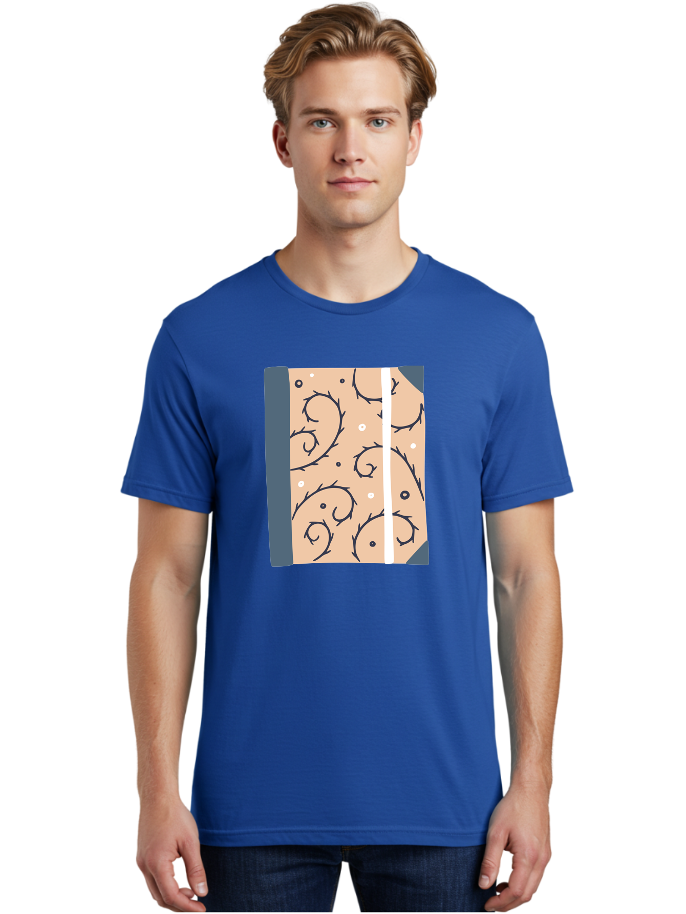 Fish-Pattern-Book Men'S Graphic Tee, 100% Cotton, Comfortable Casual Summer Wear, Machine Washable, Notebook, Journal, Fish Pattern, Peach Background, Blue Binding, Creative Design, Stationery, School Supplies, Organization Tools, Writing Pad, Aac032 2