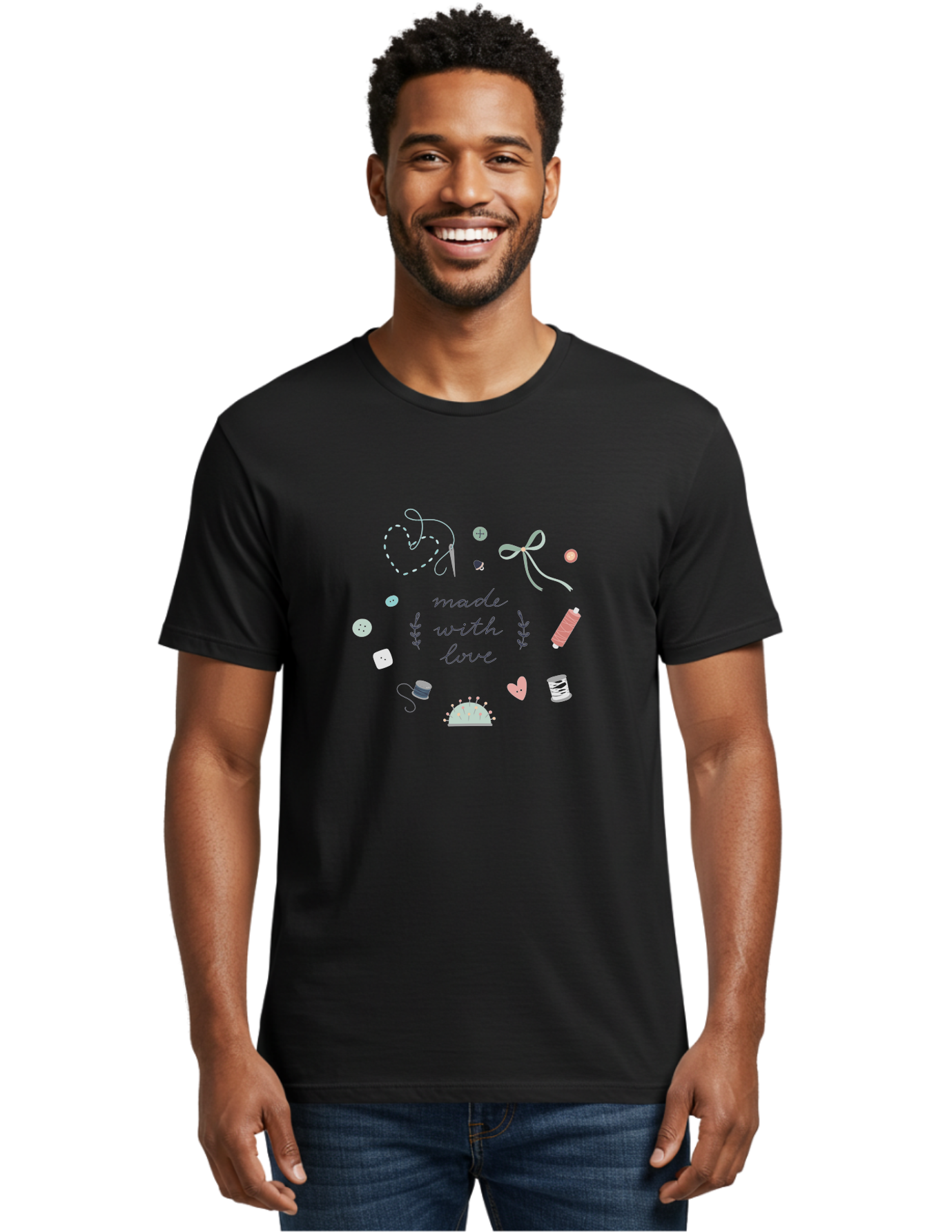 Made-With-Love-2 Men'S Graphic Tee, 100% Cotton, Comfortable Casual Summer Wear, Machine Washable, Sewing, Crafting, Handmade, Needlework, Sewing Accessories, Thread, Buttons, Bobbins, Scissors, Heart, Diy, Handcrafted, Embroidery, Aac055 2