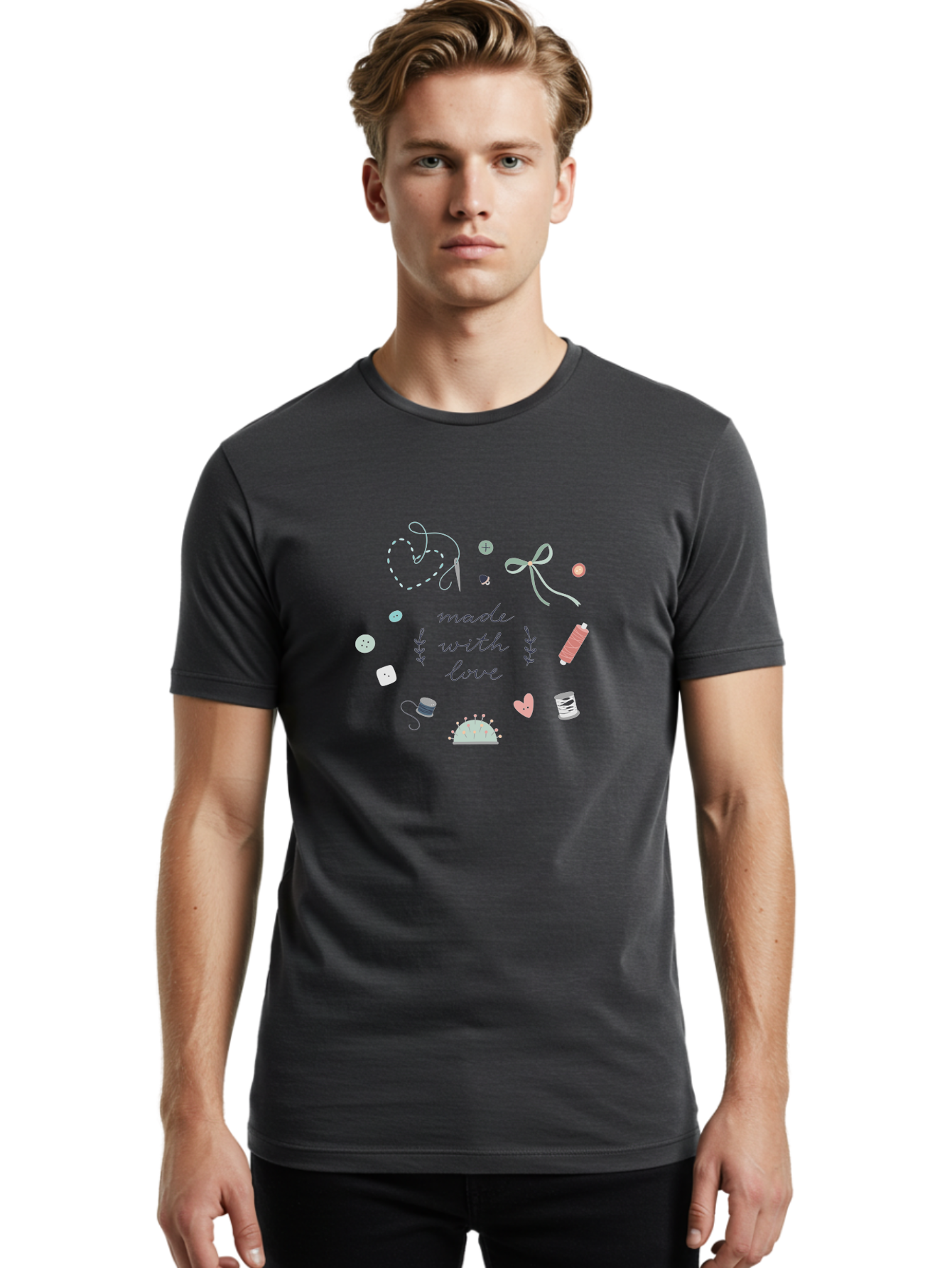 Made-With-Love-2 Men'S Graphic Tee, 100% Cotton, Comfortable Casual Summer Wear, Machine Washable, Sewing, Crafting, Handmade, Needlework, Sewing Accessories, Thread, Buttons, Bobbins, Scissors, Heart, Diy, Handcrafted, Embroidery, Aac055 26