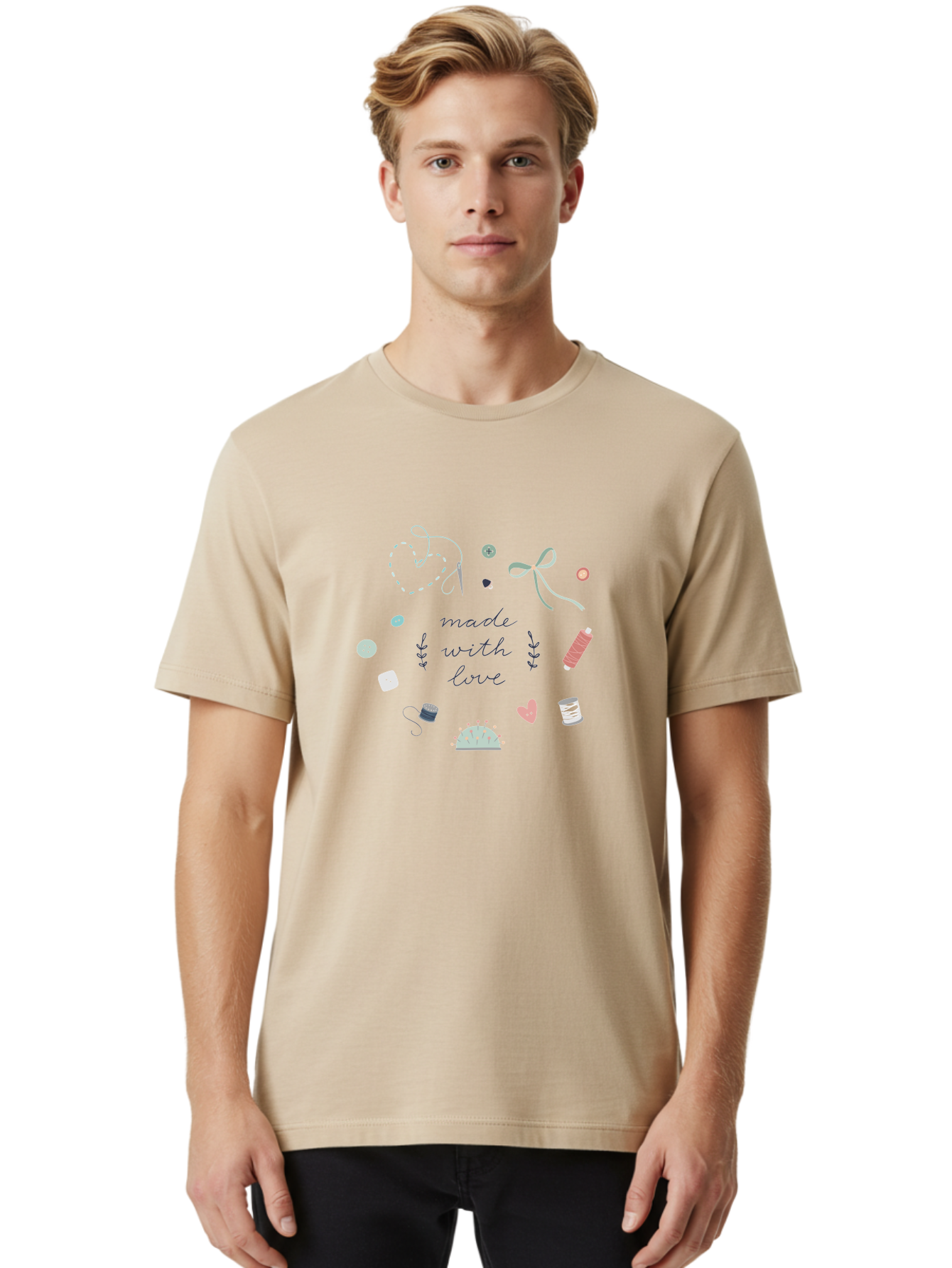 Made-With-Love-2 Men'S Graphic Tee, 100% Cotton, Comfortable Casual Summer Wear, Machine Washable, Sewing, Crafting, Handmade, Needlework, Sewing Accessories, Thread, Buttons, Bobbins, Scissors, Heart, Diy, Handcrafted, Embroidery, Aac055 18