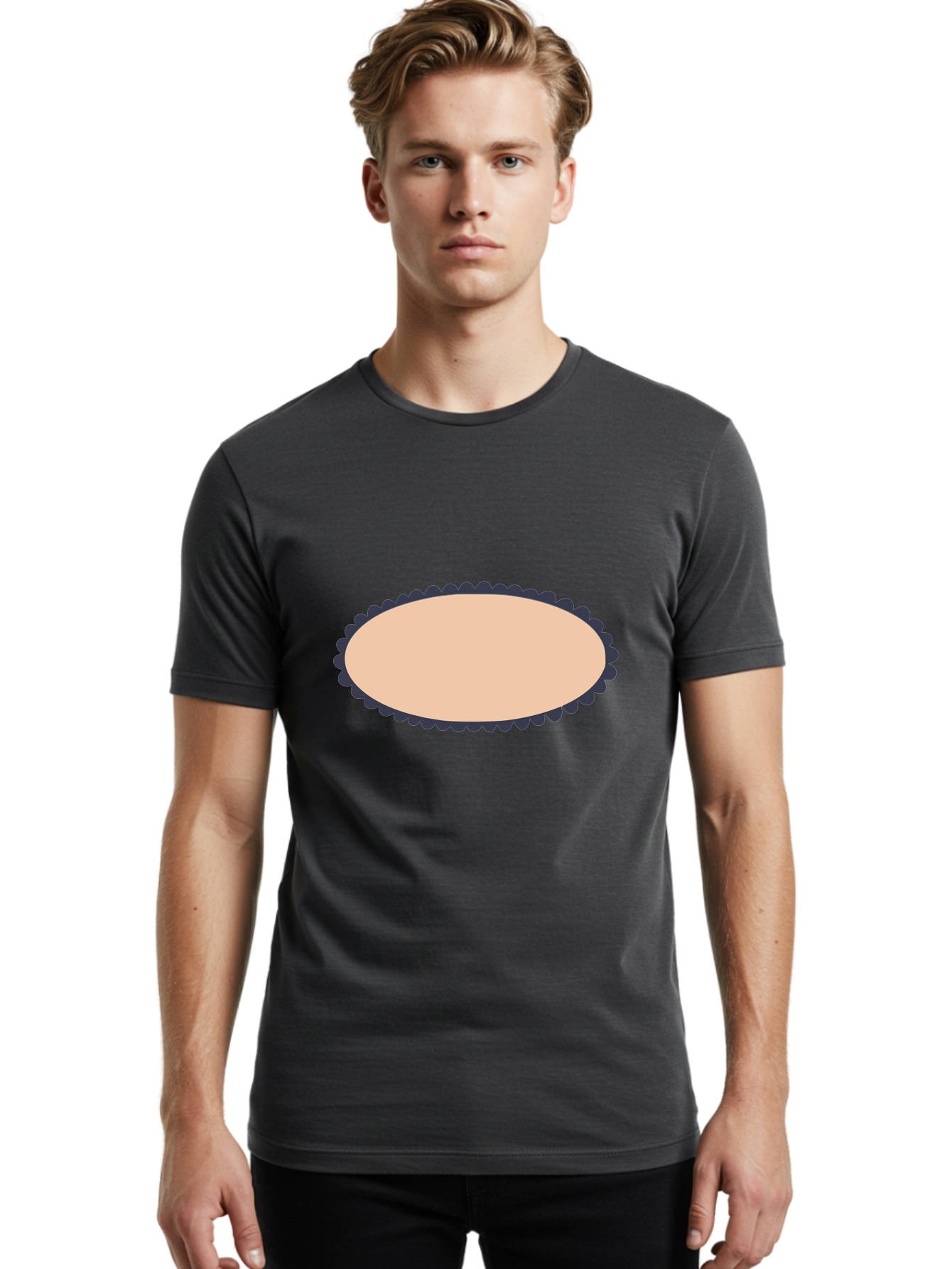 Oval-Badge Men'S Graphic Tee, 100% Cotton, Comfortable Casual Summer Wear, Machine Washable, Oval Shape, Decorative Frame, Beige And Black, Ornate Design, Blank Space, Graphic Element, Simple Illustration, Elegant Border Aac062 6