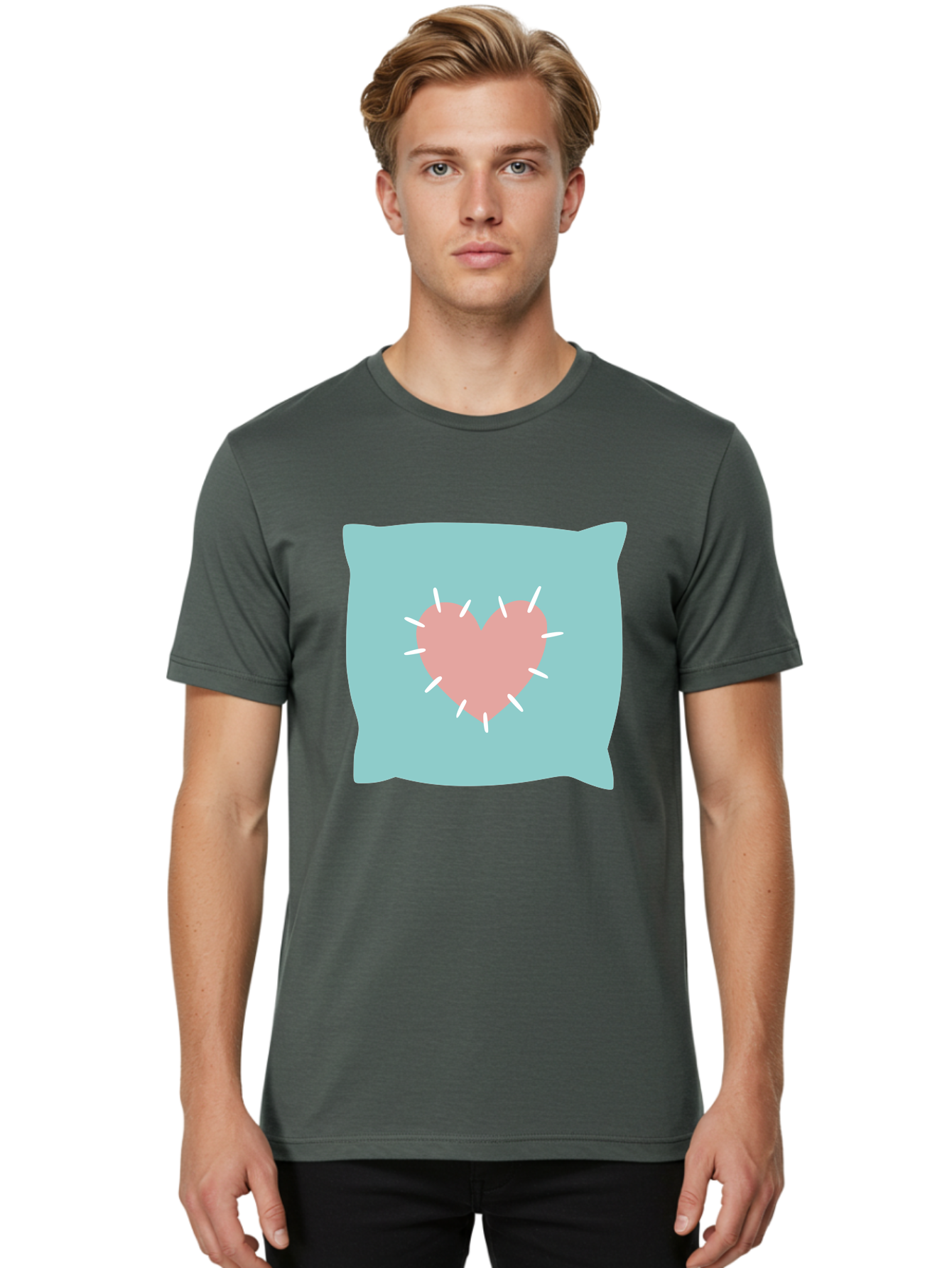 Pillow-With-Heart Men'S Graphic Tee, 100% Cotton, Comfortable Casual Summer Wear, Machine Washable, Pink Heart, Throw Pillow, Teal Background, White Accents, Home Decor, Love Symbol, Decorative Pillow, Heart Design, Cozy Atmosphere, Aac068 6