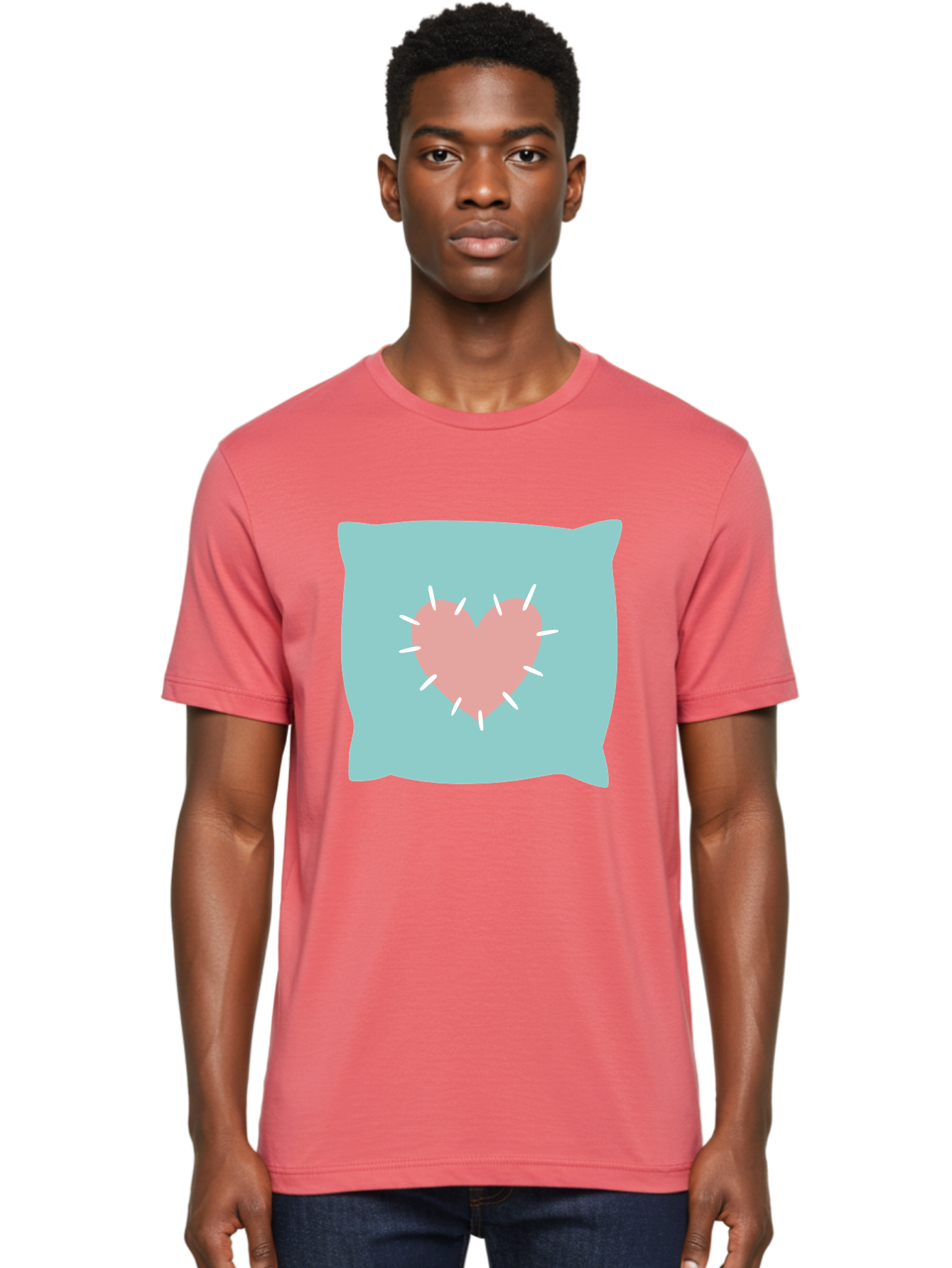 Pillow-With-Heart Men'S Graphic Tee, 100% Cotton, Comfortable Casual Summer Wear, Machine Washable, Pink Heart, Throw Pillow, Teal Background, White Accents, Home Decor, Love Symbol, Decorative Pillow, Heart Design, Cozy Atmosphere, Aac068 24