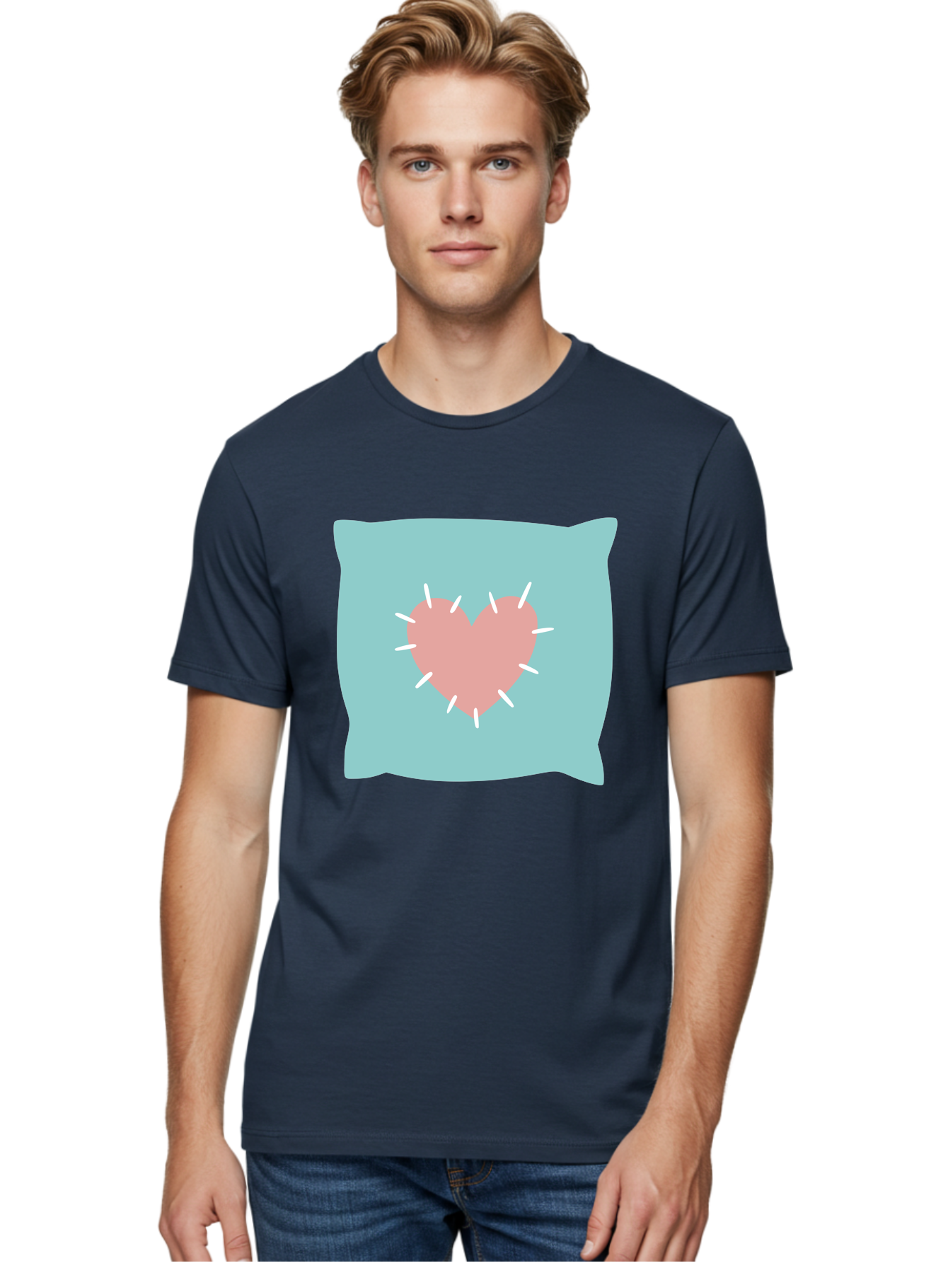 Pillow-With-Heart Men'S Graphic Tee, 100% Cotton, Comfortable Casual Summer Wear, Machine Washable, Pink Heart, Throw Pillow, Teal Background, White Accents, Home Decor, Love Symbol, Decorative Pillow, Heart Design, Cozy Atmosphere, Aac068 4
