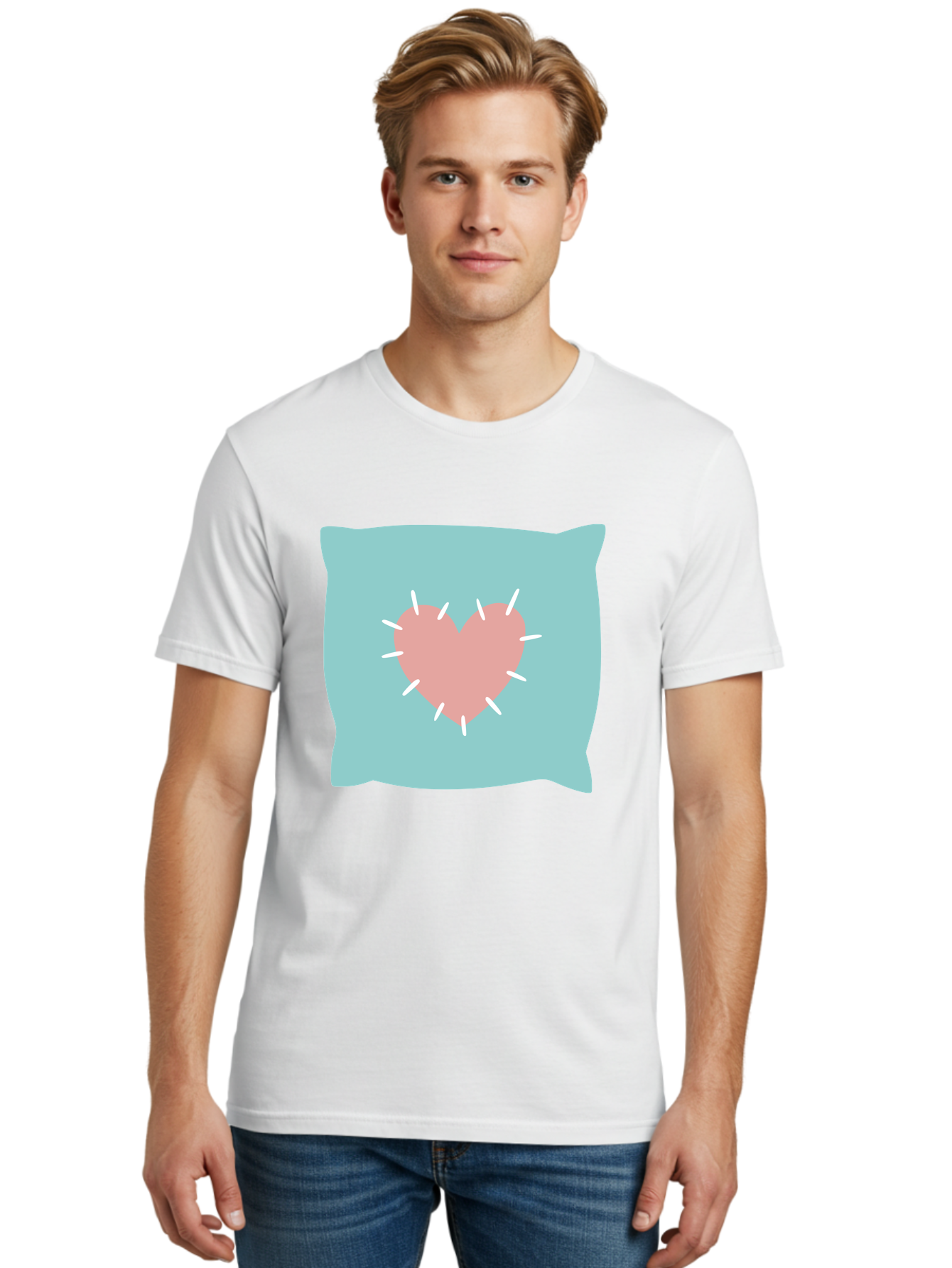 Pillow-With-Heart Men'S Graphic Tee, 100% Cotton, Comfortable Casual Summer Wear, Machine Washable, Pink Heart, Throw Pillow, Teal Background, White Accents, Home Decor, Love Symbol, Decorative Pillow, Heart Design, Cozy Atmosphere, Aac068 10