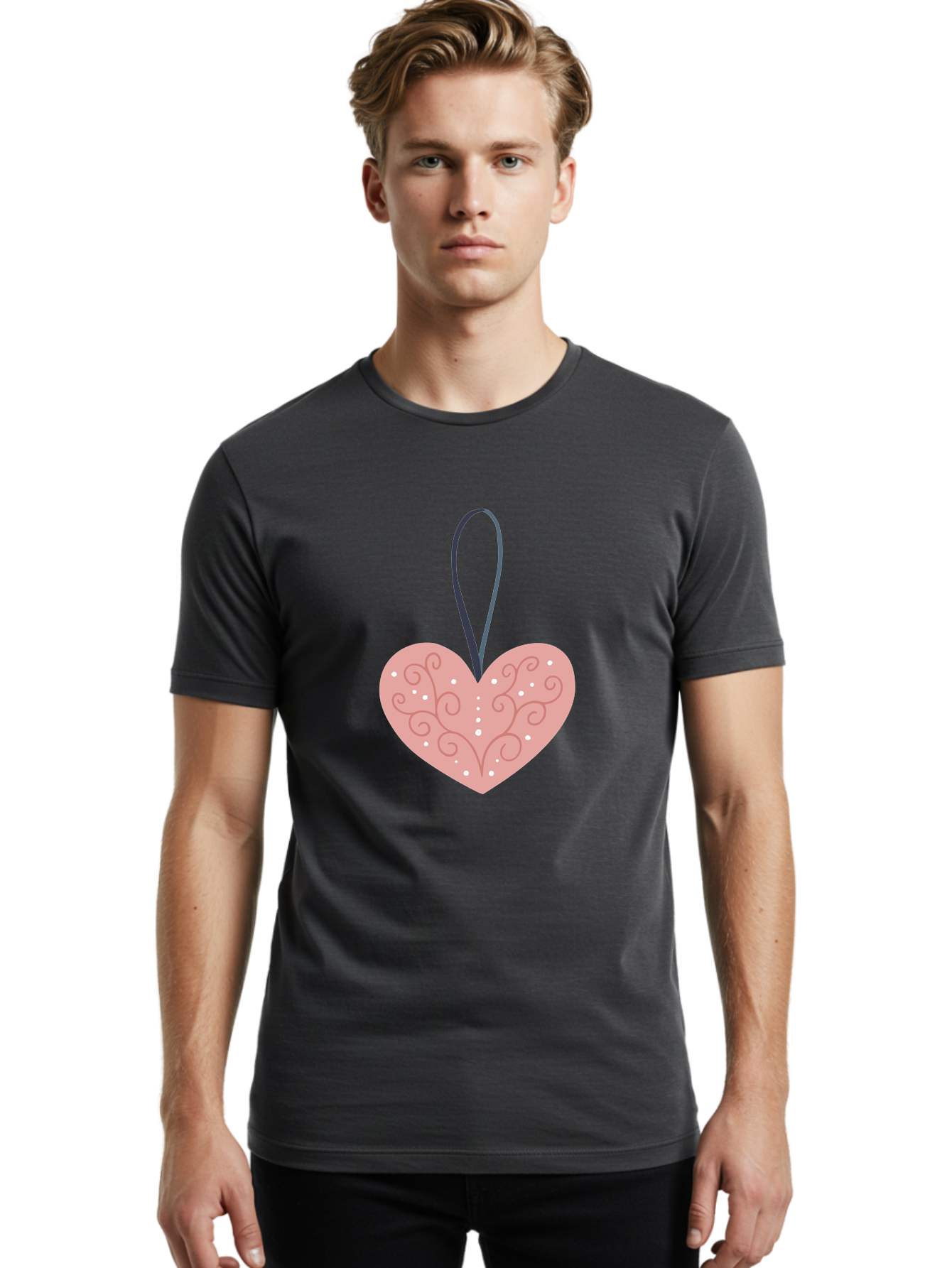 Pink-Heart-Ornament Men'S Graphic Tee, 100% Cotton, Comfortable Casual Summer Wear, Machine Washable, Pink Heart Ornament, Decorative Design, Swirling Patterns, White Dots, Hanging Decoration, Love Symbol, Valentines Day Gift, Festive Decor Aac077 28