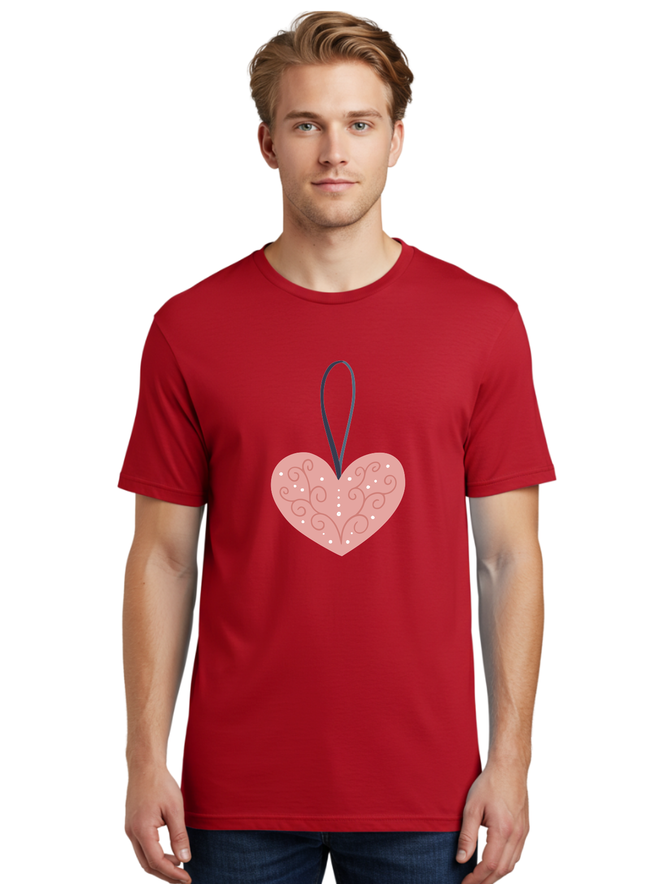 Pink-Heart-Ornament Men'S Graphic Tee, 100% Cotton, Comfortable Casual Summer Wear, Machine Washable, Pink Heart Ornament, Decorative Design, Swirling Patterns, White Dots, Hanging Decoration, Love Symbol, Valentines Day Gift, Festive Decor Aac077 18