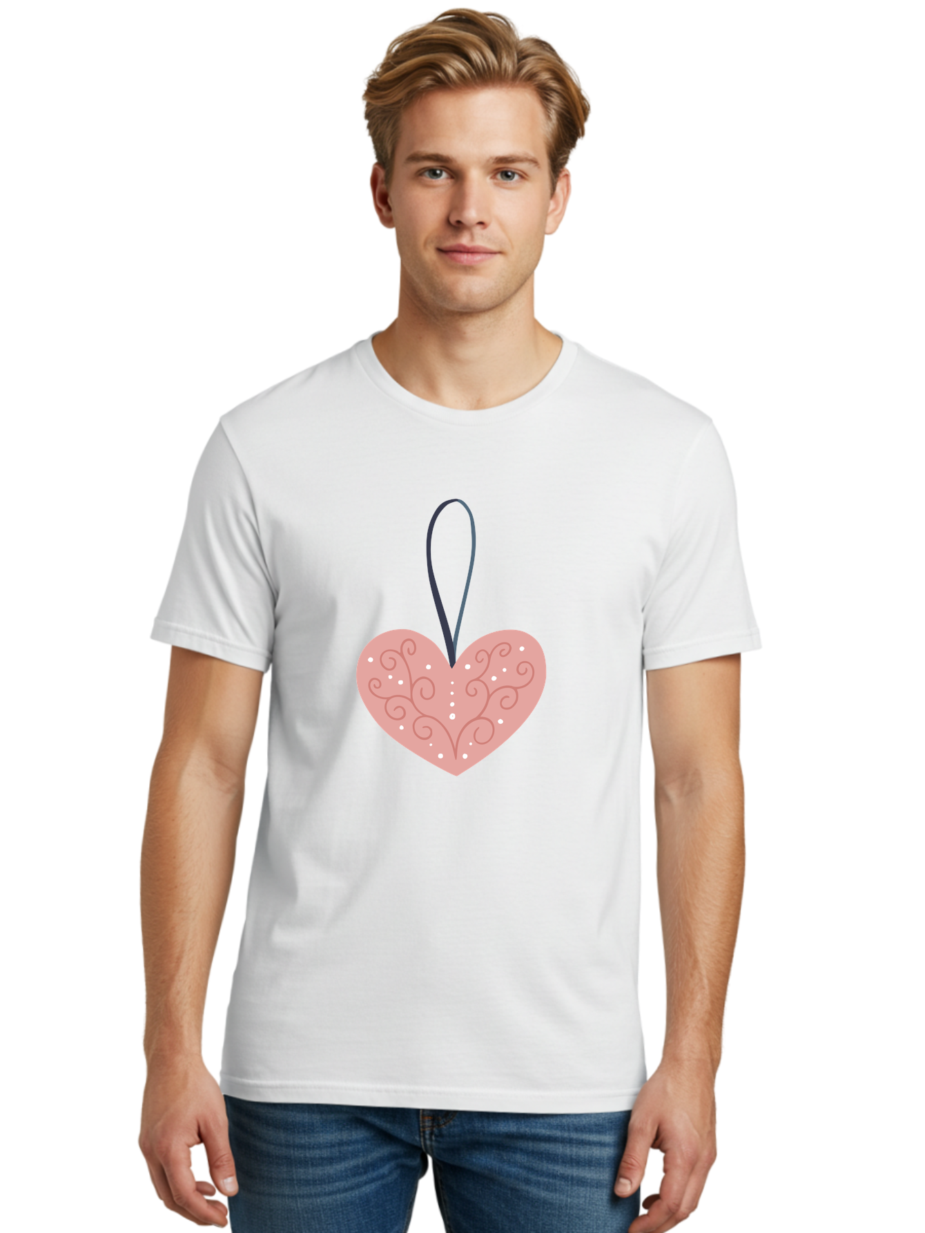 Pink-Heart-Ornament Men'S Graphic Tee, 100% Cotton, Comfortable Casual Summer Wear, Machine Washable, Pink Heart Ornament, Decorative Design, Swirling Patterns, White Dots, Hanging Decoration, Love Symbol, Valentines Day Gift, Festive Decor Aac077 20