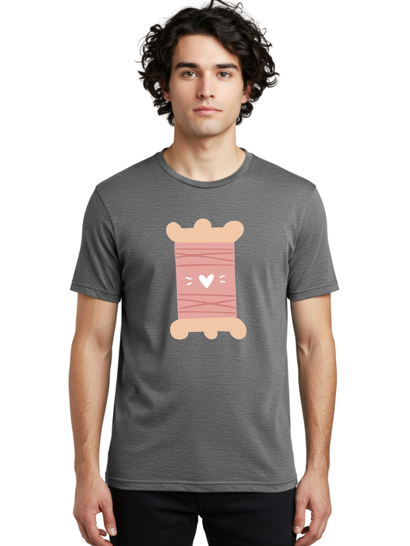 Pink-Thread-Spool-With-Heart Men'S Graphic Tee, 100% Cotton, Comfortable Casual Summer Wear, Machine Washable, Pink Thread Spool, White Heart, Sewing Supplies, Crafting, Diy, Hobby, Embroidery Thread, Pastel Colors, Cute Design, Cartoon Style Aac084 4
