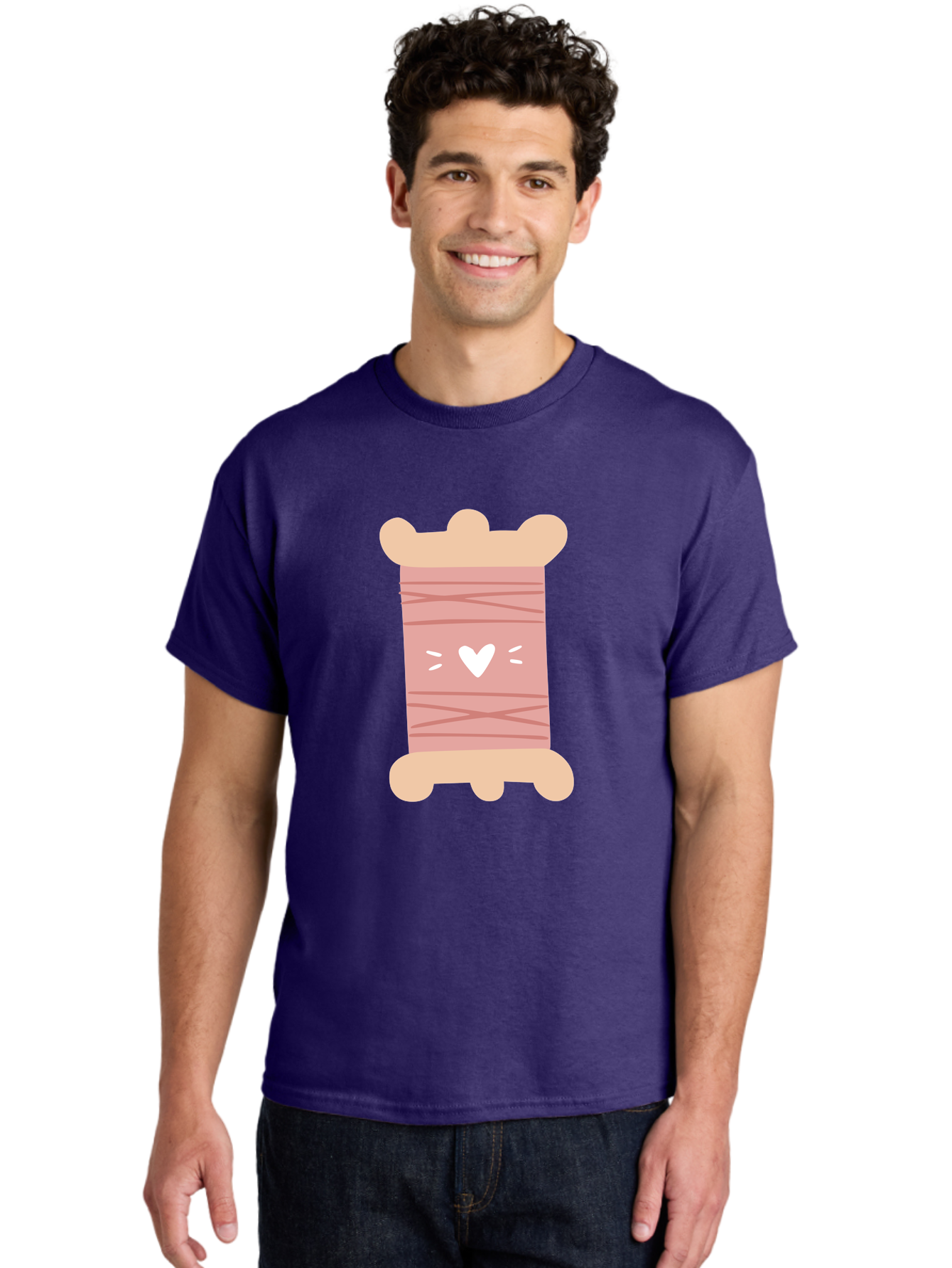 Pink-Thread-Spool-With-Heart Men'S Graphic Tee, 100% Cotton, Comfortable Casual Summer Wear, Machine Washable, Pink Thread Spool, White Heart, Sewing Supplies, Crafting, Diy, Hobby, Embroidery Thread, Pastel Colors, Cute Design, Cartoon Style Aac084 20