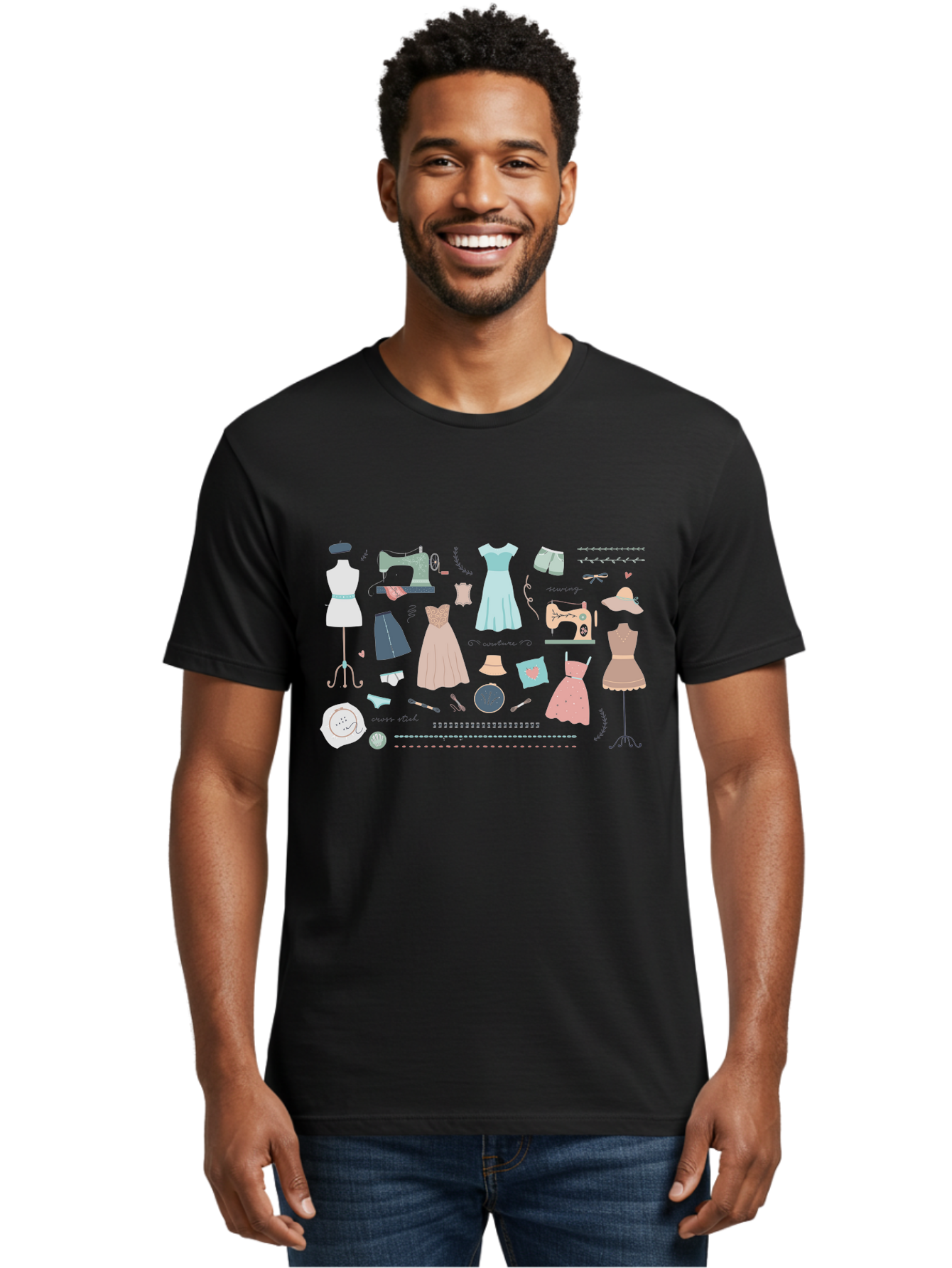 Sewing-Clipart Men'S Graphic Tee, 100% Cotton, Comfortable Casual Summer Wear, Machine Washable, Dresses, Sewing Machines, Mannequins, Fashion Design, Textile Art, Sewing Tools, Threads, Buttons, Fashion Illustration, Custom Clothing, Aac098 4