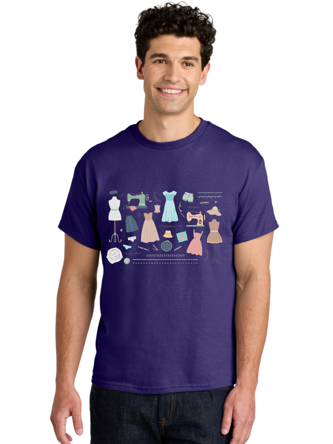 Sewing-Clipart Men'S Graphic Tee, 100% Cotton, Comfortable Casual Summer Wear, Machine Washable, Dresses, Sewing Machines, Mannequins, Fashion Design, Textile Art, Sewing Tools, Threads, Buttons, Fashion Illustration, Custom Clothing, Aac098 26