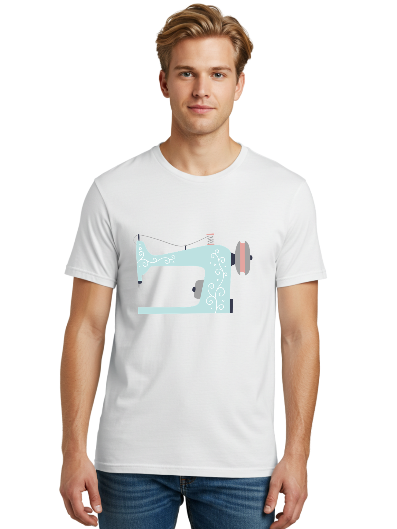 Sewing-Machine-2 Men'S Graphic Tee, 100% Cotton, Comfortable Casual Summer Wear, Machine Washable, Sewing Machine, Vintage Style, Floral Patterns, Pastel Colors, Sewing Equipment, Tailoring, Fashion Design, Textile Art, Embroidery Aac101 2