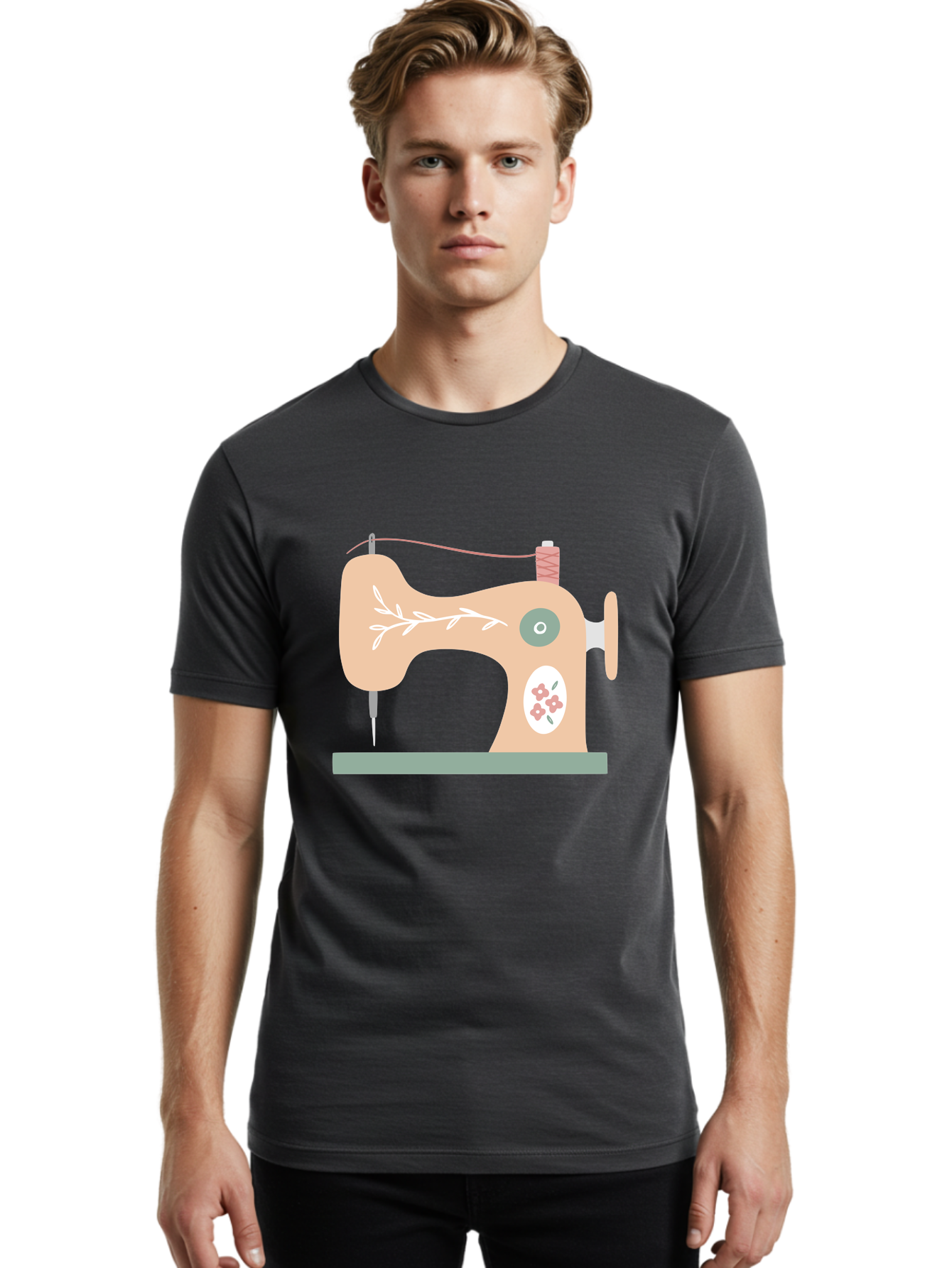 Sewing-Machine-5 Men'S Graphic Tee, 100% Cotton, Comfortable Casual Summer Wear, Machine Washable, Vintage Sewing Machine, Floral Patterns, Embroidery Designs, Needle And Thread, Pastel Colors, Creative Crafting, Diy Sewing, Textile Art, Aac104 4