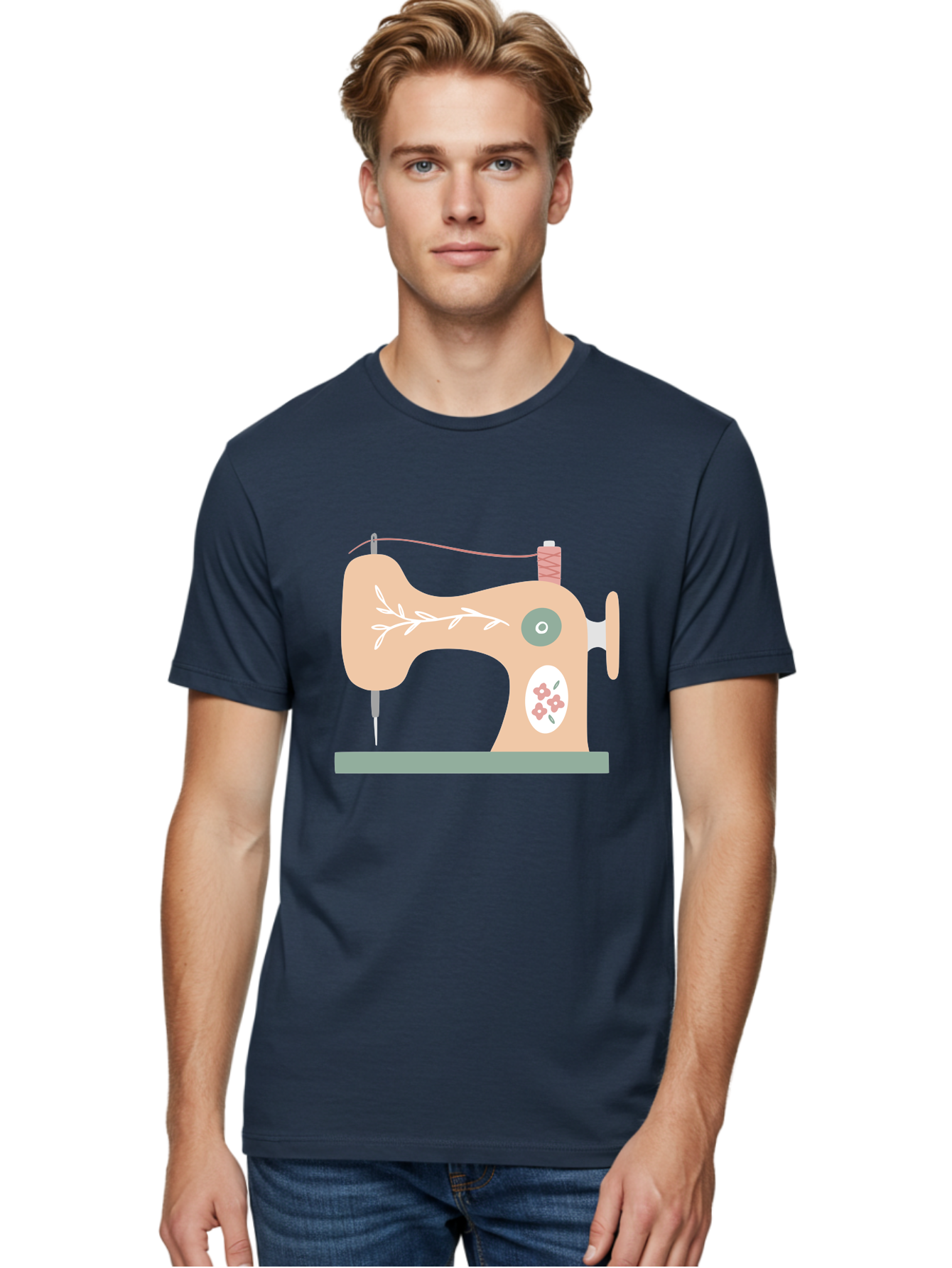 Sewing-Machine-5 Men'S Graphic Tee, 100% Cotton, Comfortable Casual Summer Wear, Machine Washable, Vintage Sewing Machine, Floral Patterns, Embroidery Designs, Needle And Thread, Pastel Colors, Creative Crafting, Diy Sewing, Textile Art, Aac104 20