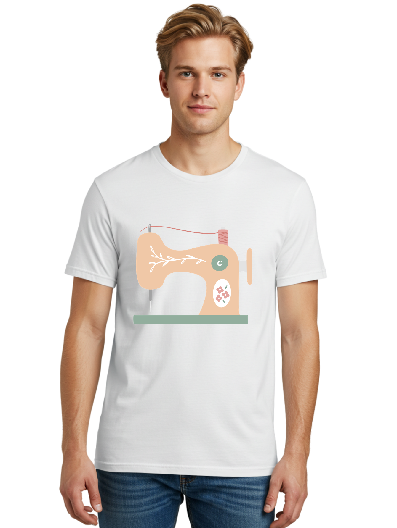 Sewing-Machine-5 Men'S Graphic Tee, 100% Cotton, Comfortable Casual Summer Wear, Machine Washable, Vintage Sewing Machine, Floral Patterns, Embroidery Designs, Needle And Thread, Pastel Colors, Creative Crafting, Diy Sewing, Textile Art, Aac104 24