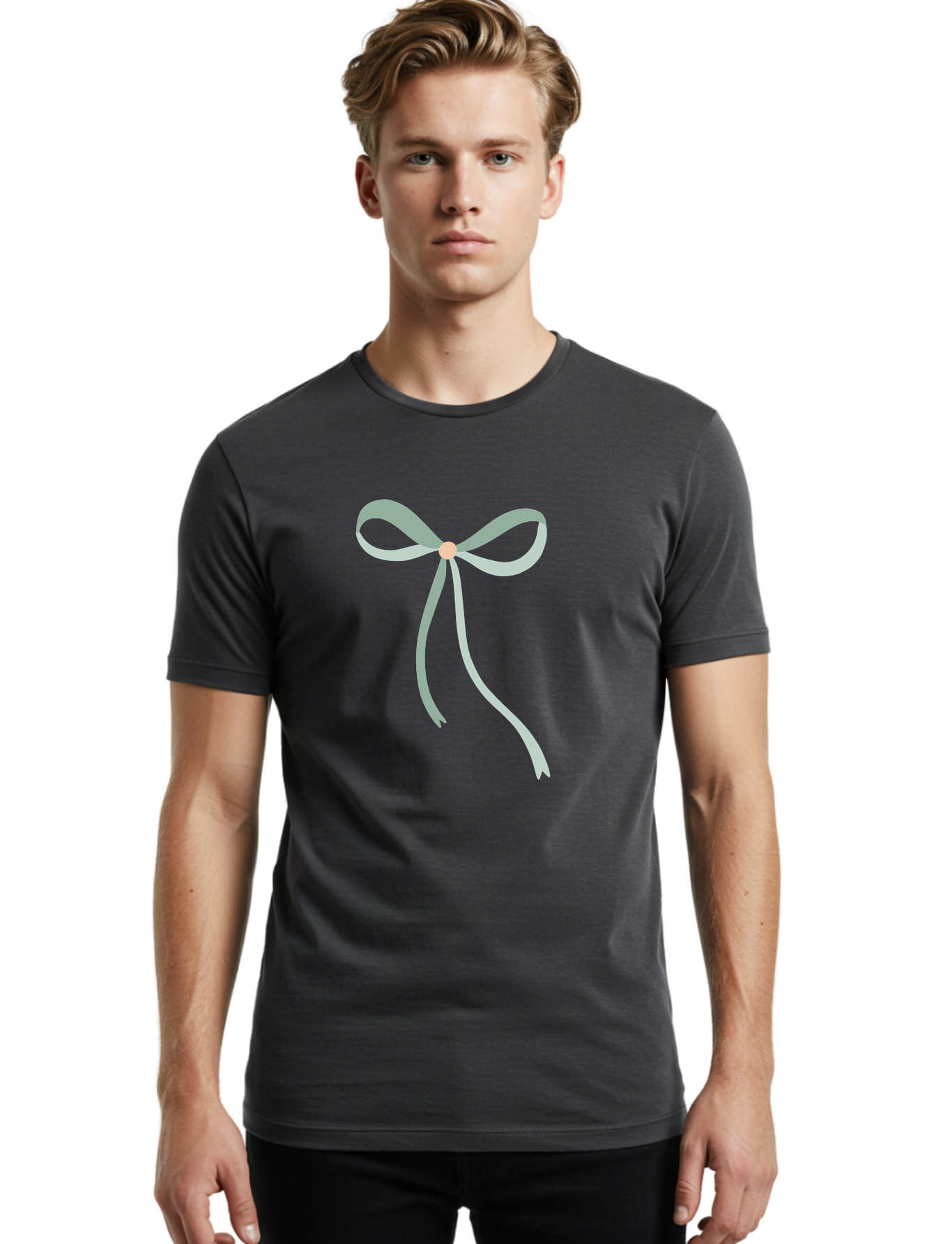 White-Bow Men'S Graphic Tee, 100% Cotton, Comfortable Casual Summer Wear, Machine Washable, Grey Ribbon, Bow Decoration, Gift Wrapping, Celebratory Decor, Party Favors, Elegant Design, Soft Pastel, Minimalist Style Aac134 2