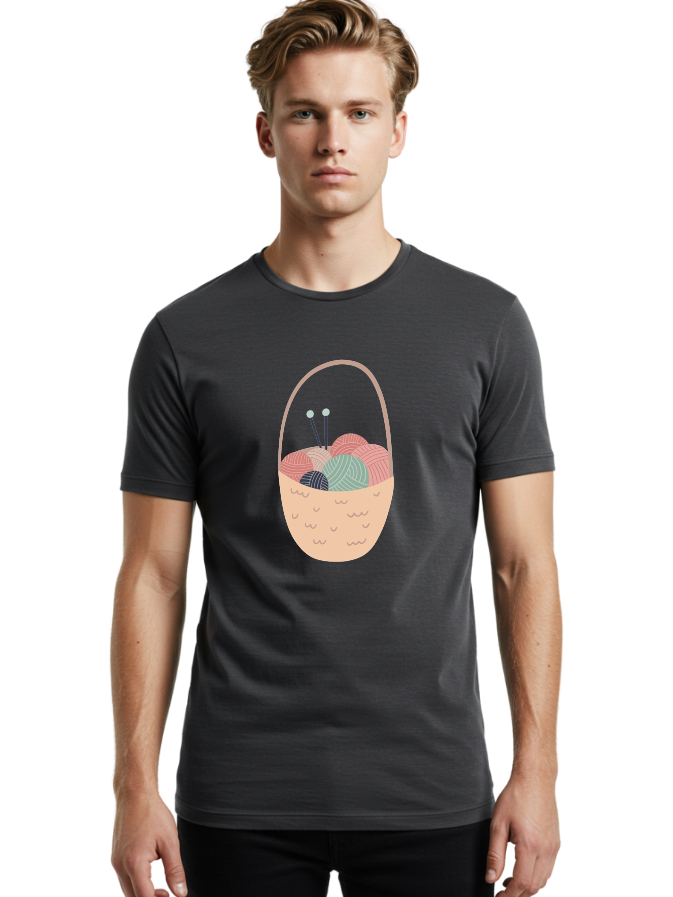 Yarn-Basket Men'S Graphic Tee, 100% Cotton, Comfortable Casual Summer Wear, Machine Washable, Yarn Balls, Knitting Needles, Knitting Basket, Pastel Colors, Hobby Supplies, Crafting Tools, Diy Accessories, Handmade Materials Aac146 28