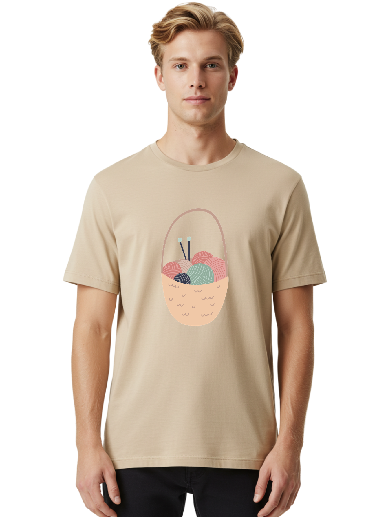Yarn-Basket Men'S Graphic Tee, 100% Cotton, Comfortable Casual Summer Wear, Machine Washable, Yarn Balls, Knitting Needles, Knitting Basket, Pastel Colors, Hobby Supplies, Crafting Tools, Diy Accessories, Handmade Materials Aac146 6