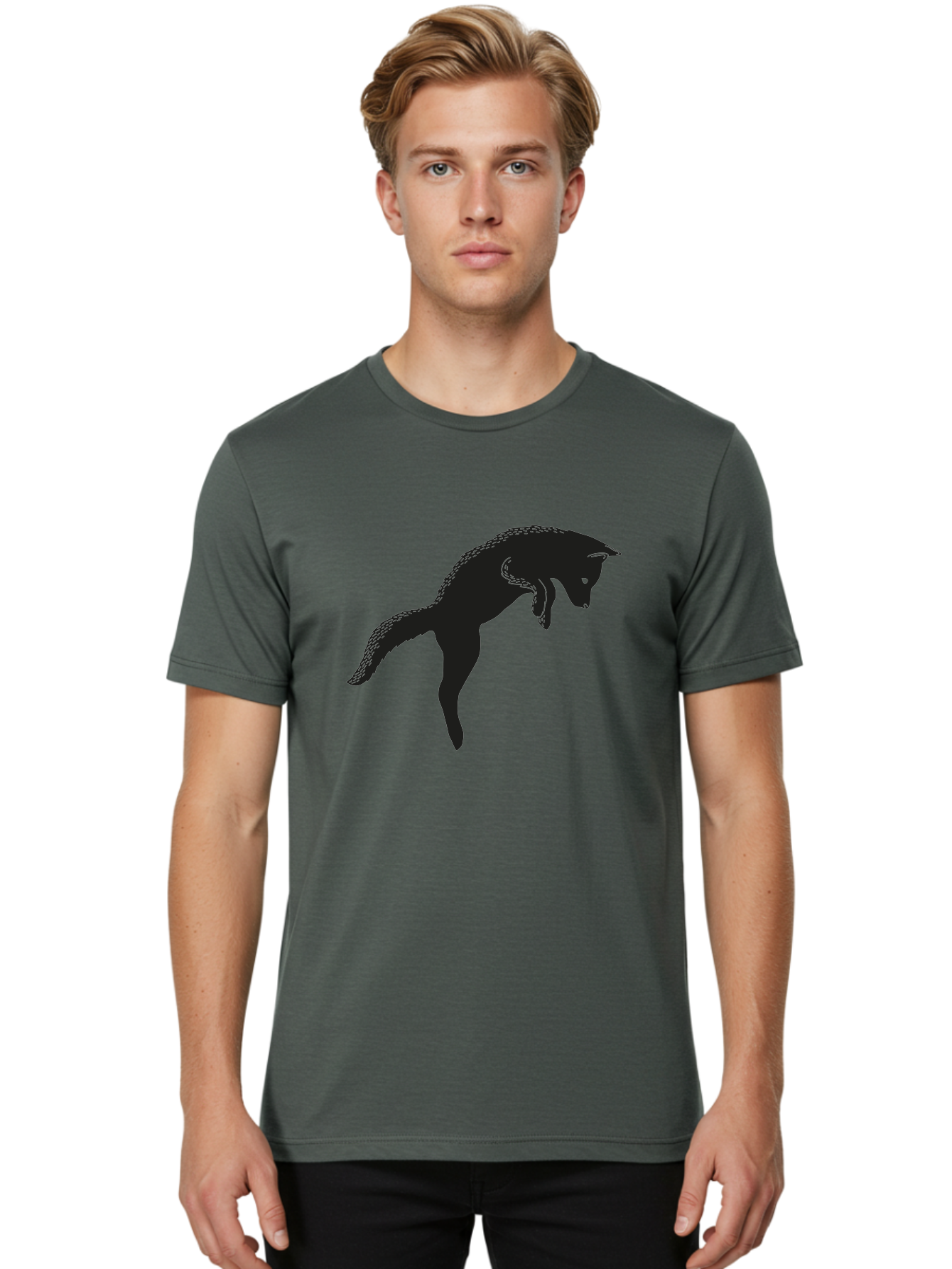 Black-Fox-Silhouette Men'S Graphic Tee, 100% Cotton, Comfortable Casual Summer Wear, Machine Washable, Squirrel Silhouette, Animal Graphic, Wildlife Illustration, Forest Creature, Cute Animal, Jumping Squirrel, Nut Love, Tree Dweller, Aac190 4