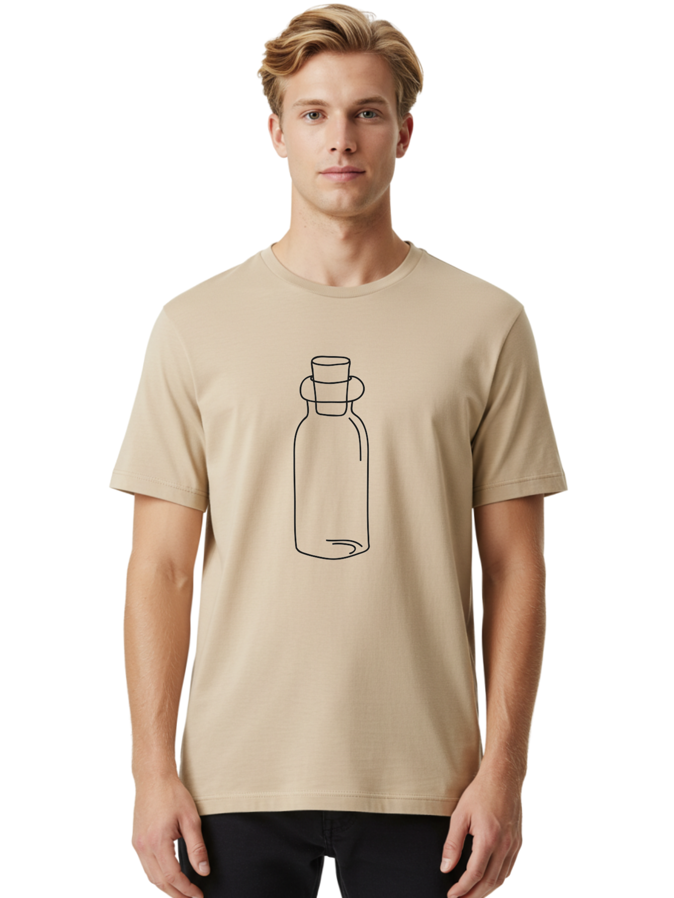 Glass-Bottle Men'S Graphic Tee, 100% Cotton, Comfortable Casual Summer Wear, Machine Washable, Simple Line Drawing, Minimalist Design, Apothecary Bottle, Vintage Style, Cork Stopper, Black Outline, Elegant Shape, Classic Bottle Design Aac215 24