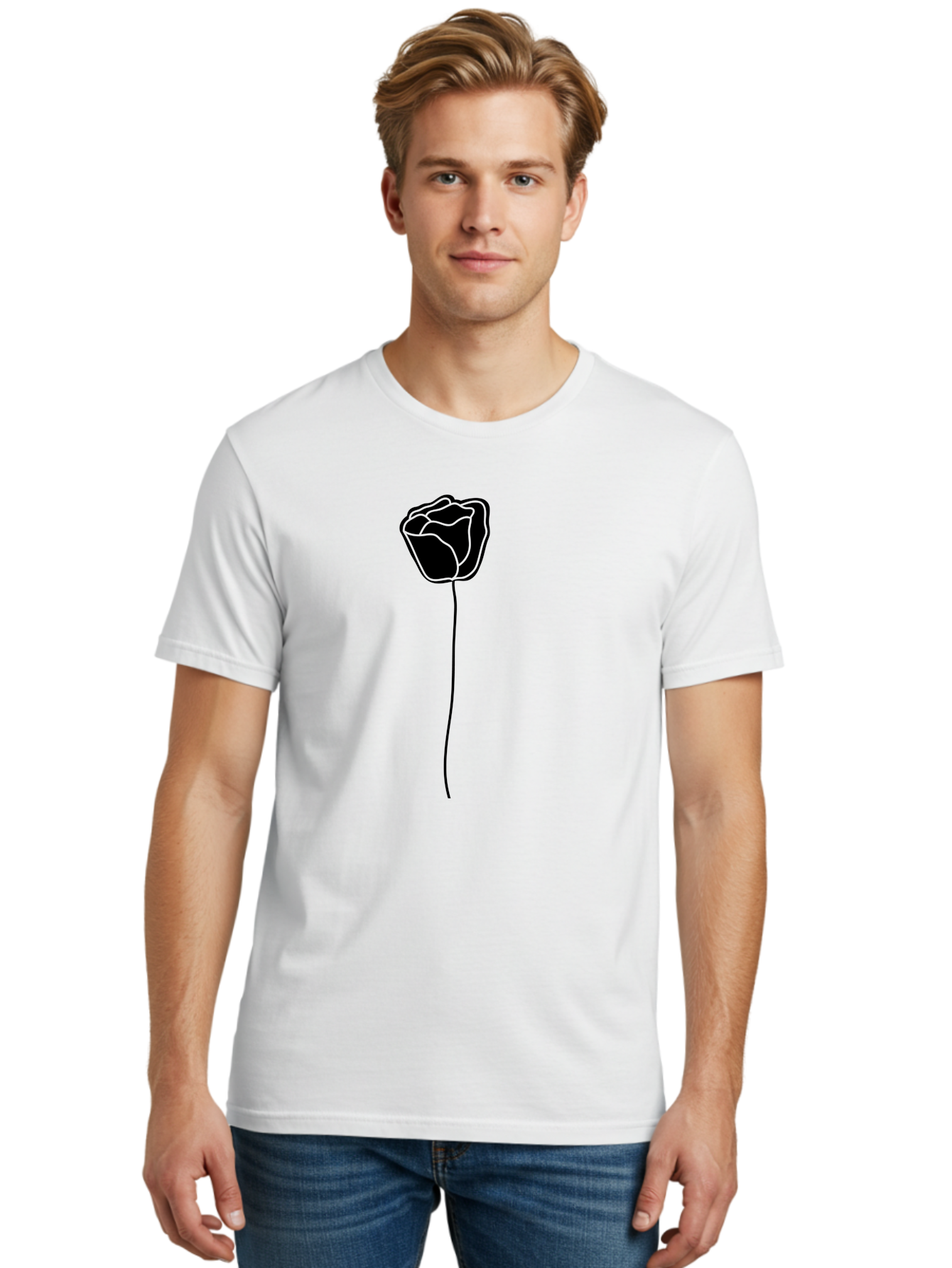 Rose-Illustration Men'S Graphic Tee, 100% Cotton, Comfortable Casual Summer Wear, Machine Washable, Black Rose Silhouette, Simple Line Art, Minimalist Design, Elegant Flower, Symbolic Rose, Modern Illustration, Bold Graphics Aac232 4
