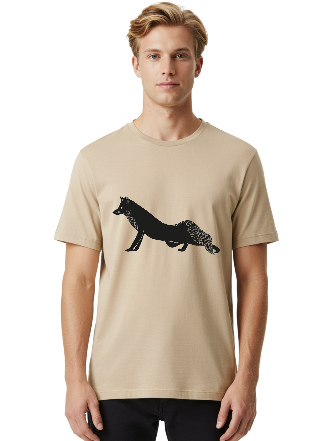 Wolf Men'S Graphic Tee, 100% Cotton, Comfortable Casual Summer Wear, Machine Washable, Black Fox Silhouette, Wild Animal, Wildlife, Nature, Furry Creature, Forest Dweller, Sharp Features, Minimalist Design Aac250 30