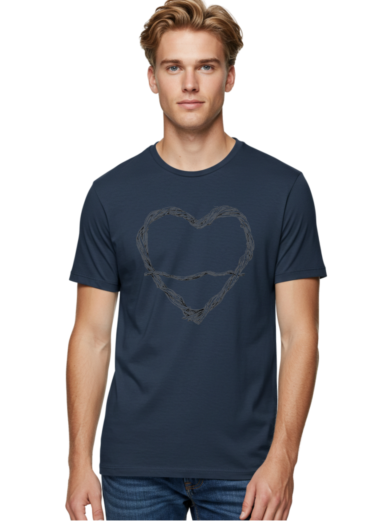 Barbed-Wire-Heart Men'S Graphic Tee, 100% Cotton, Comfortable Casual Summer Wear, Machine Washable, Barbed Wire, Heart Shape, Twisted Metal, Symbolic Representation, Emotional Expression, Protest Art, Social Commentary, Edgy Design, Aac251 30